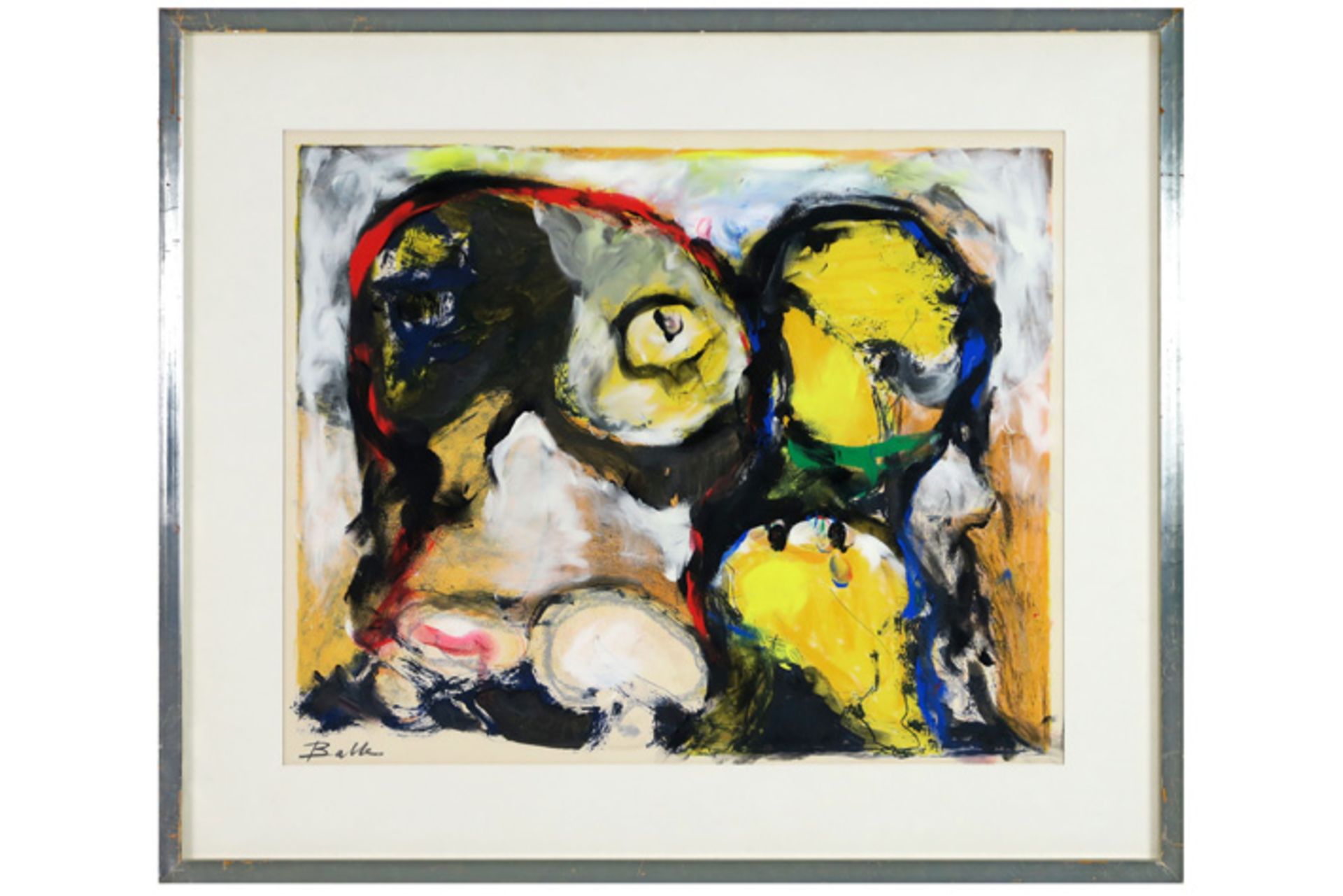 BALLE MOGENS (1921 - 1988) origineel werk in gemengde techniek op een litho : "Cobra-compositie - Image 2 of 3
