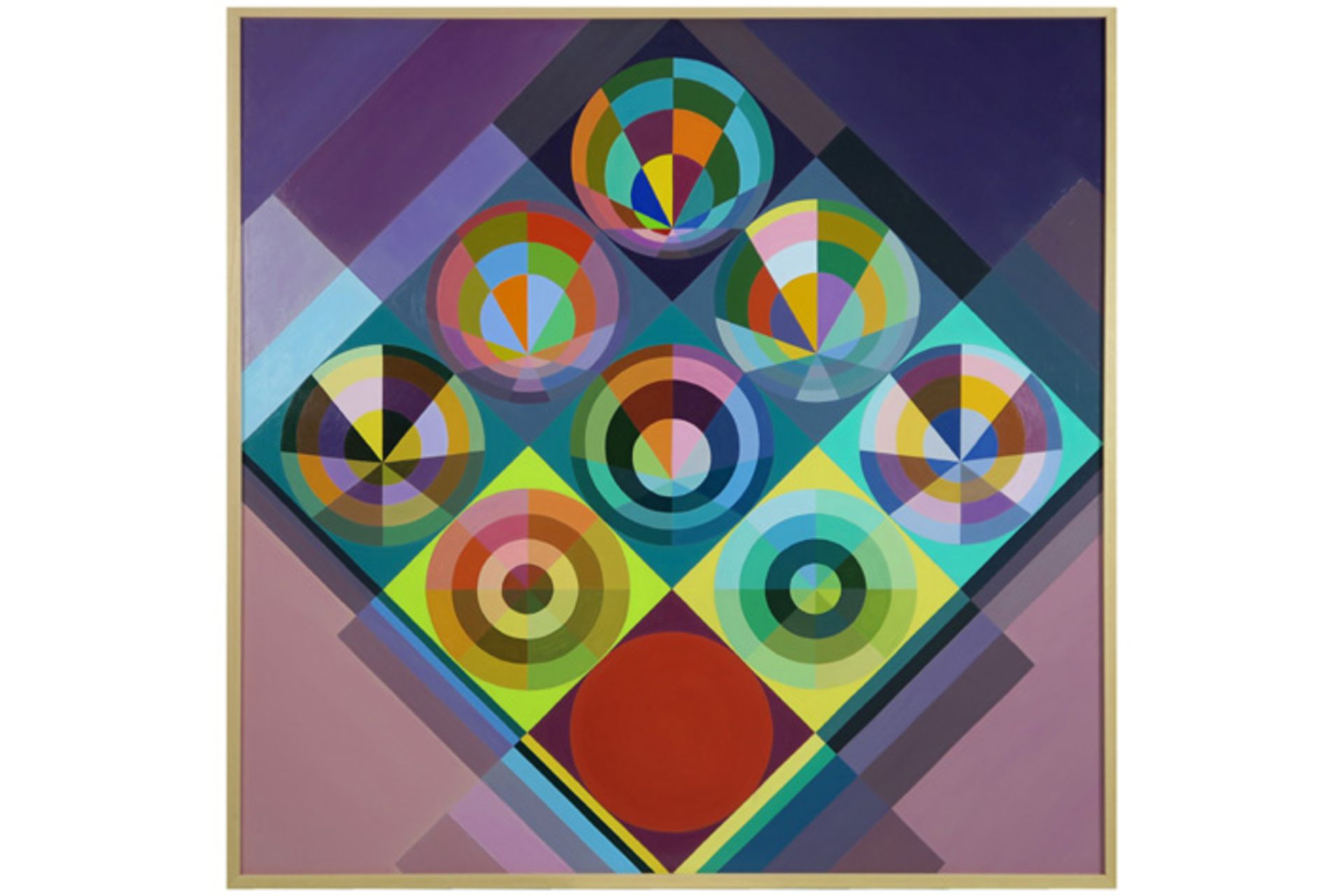 GILLES RAY (1923 - 2000) olieverfschilderij op doek : "Kleurrijke geometrische abstracte compositie" - Image 2 of 5