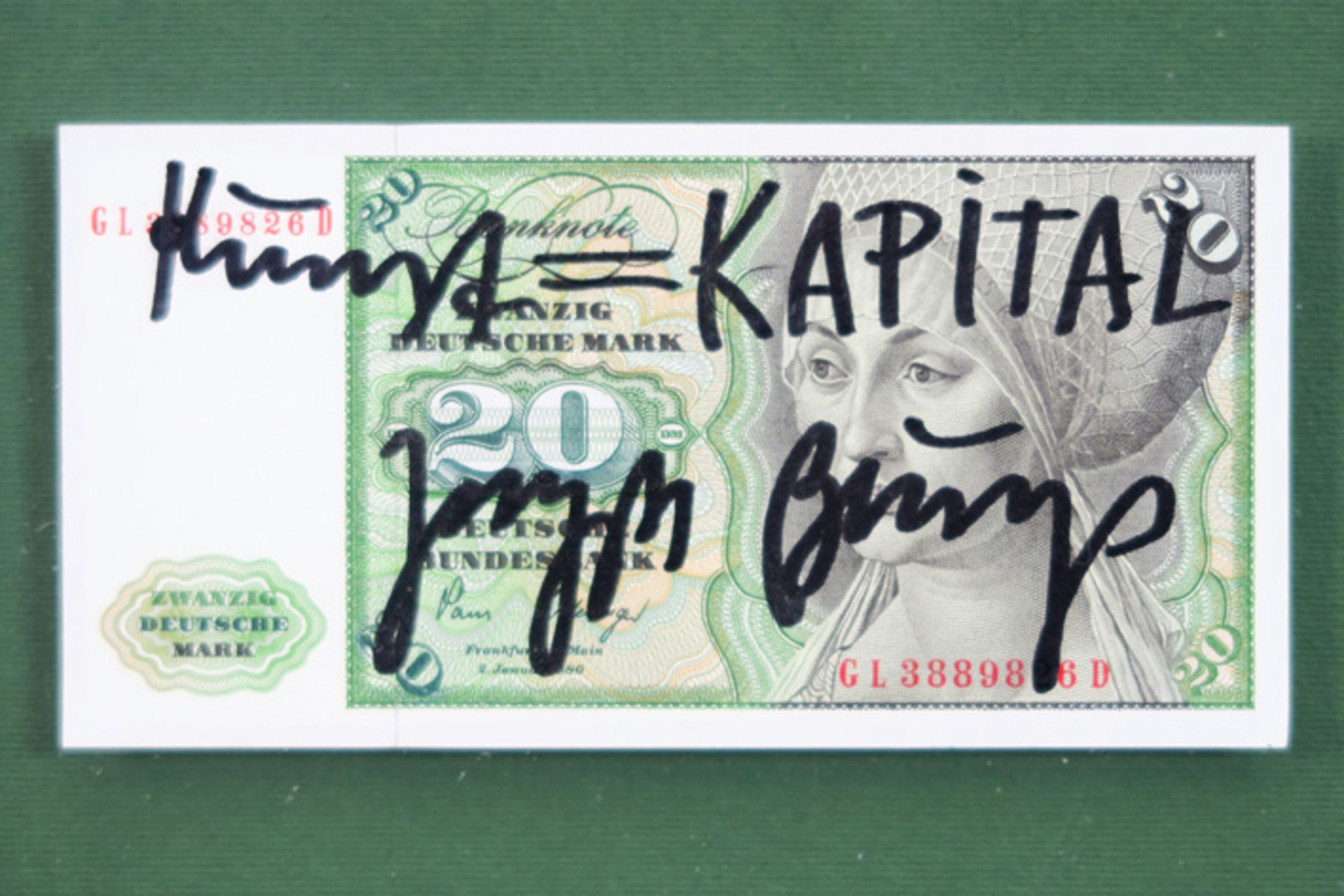 BEUYS JOSEPH (1921 - 1986) handgesigneerd Duits bankbiljet van 20 Dmark met tekst "Kunst =