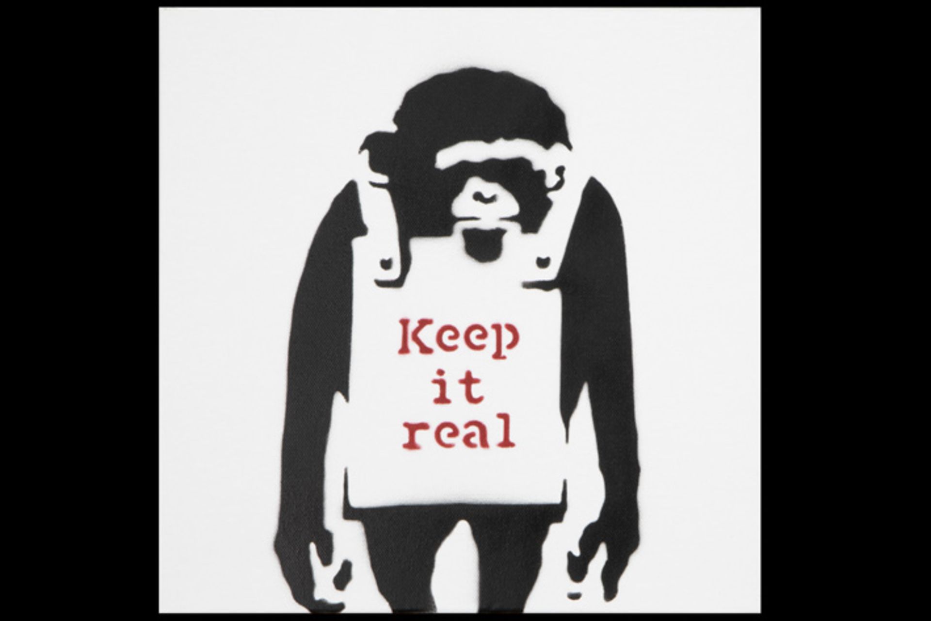 typical Banksy street art "Keep it real" spray paint on canvas - with a Dismaland stamp on the back 