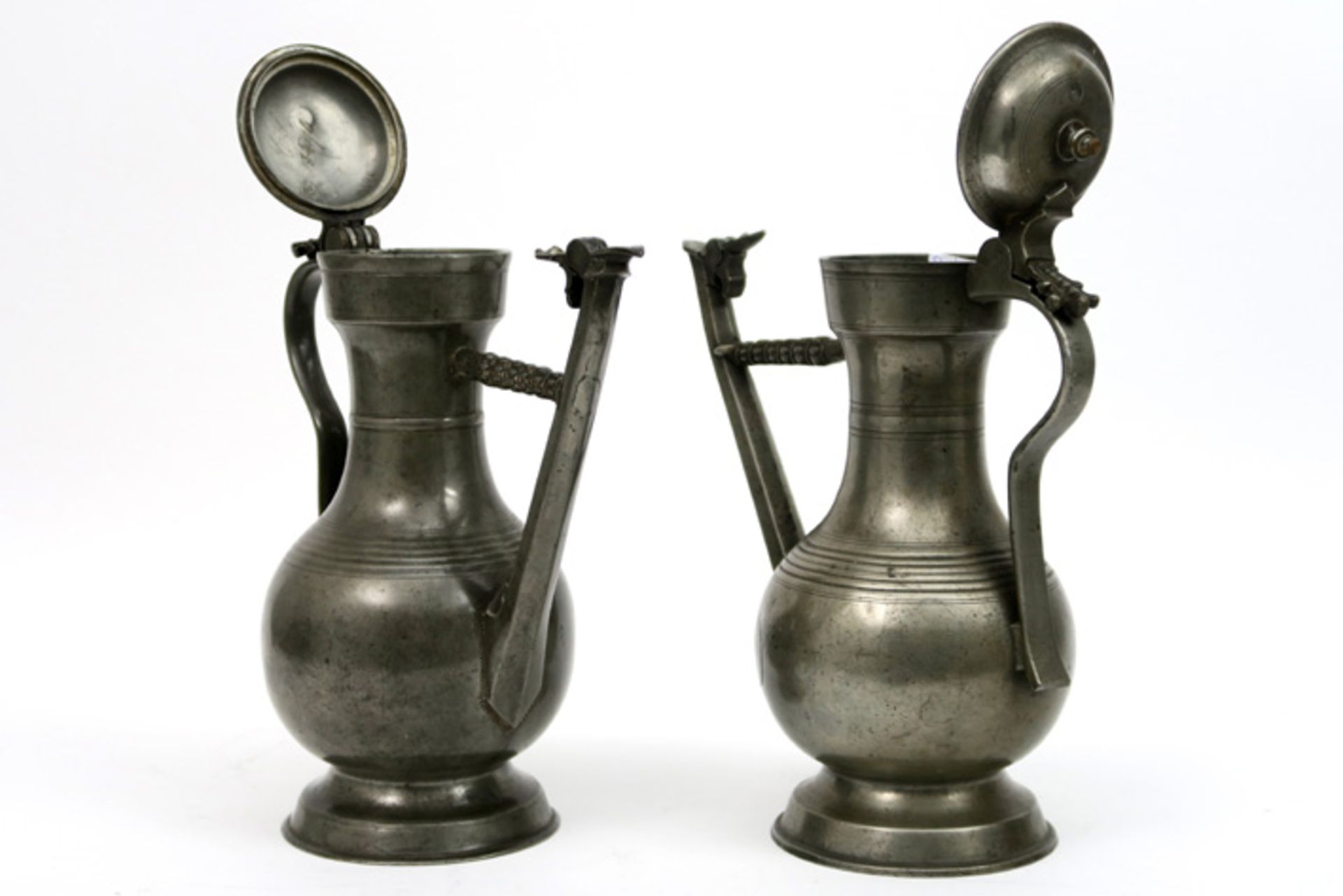 two quite rare 18th Cent. Swiss' "Stegkanne" from Bern in pewter, one marked Abraham Ganting (ca - Image 6 of 6