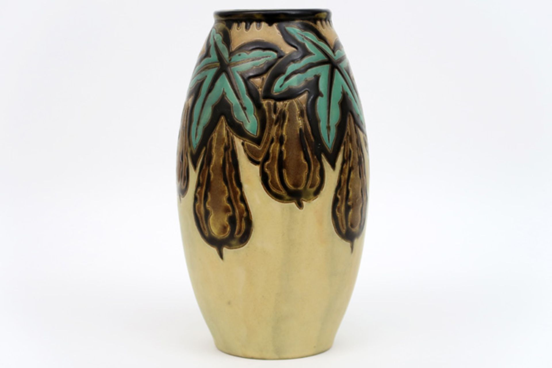 Belgian Art Deco vase in "Keramis" marked earthenware with a polychrome decor with fruits and - Image 2 of 4