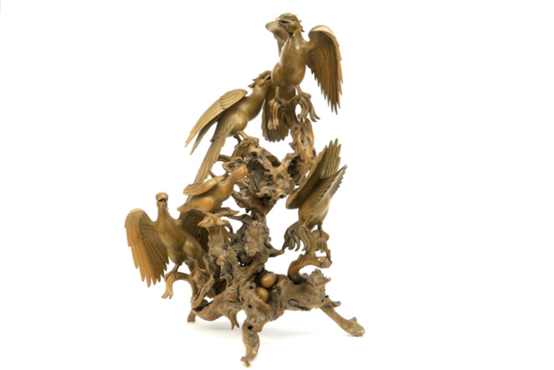 oriental heartwood sculpture with five birds||Oosterse sculptuur in hout (kernhout) met vijf - Image 3 of 5