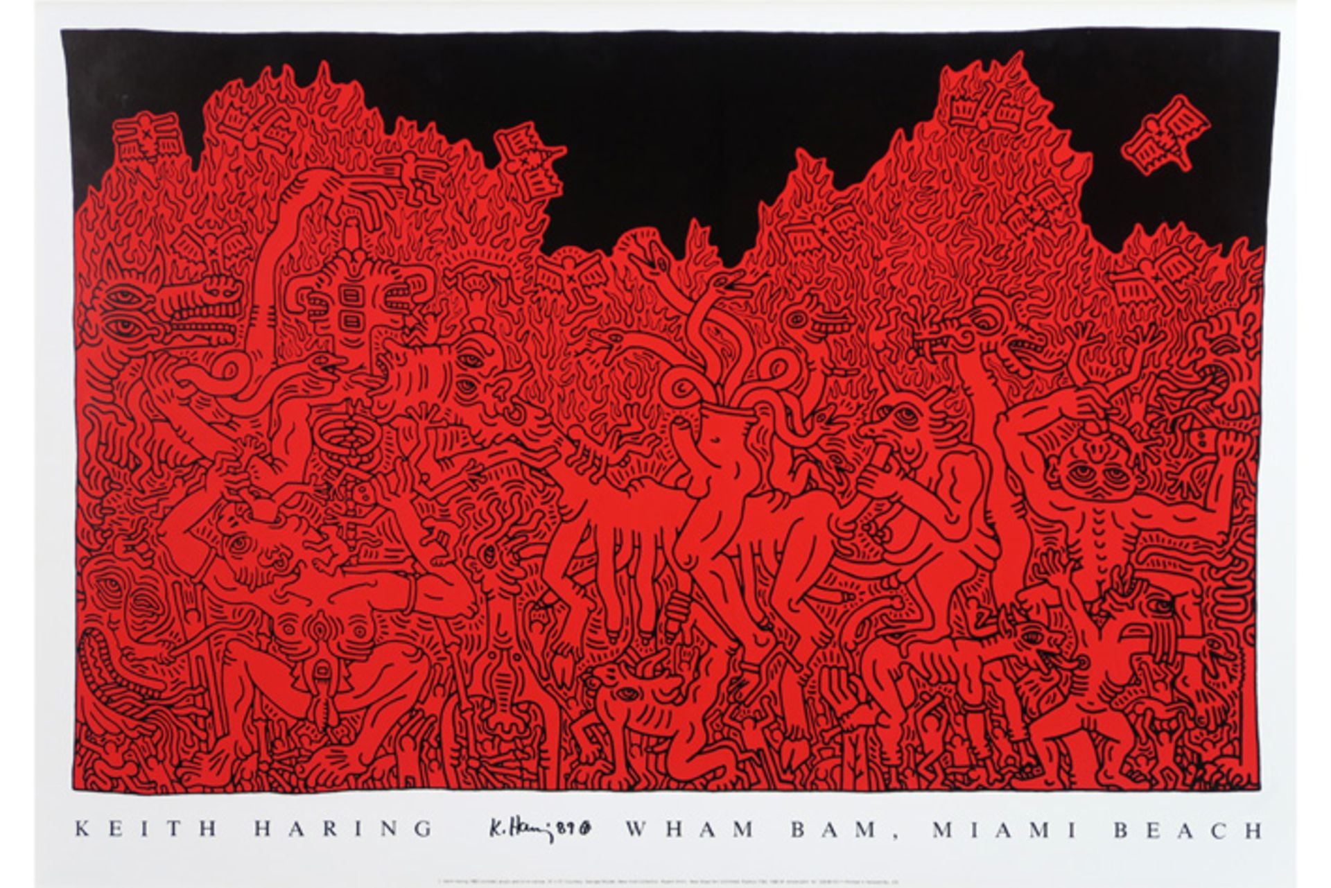 Keith Haring signed and (19)89 dated print with the representation of Haring's painting "Wham Bam,