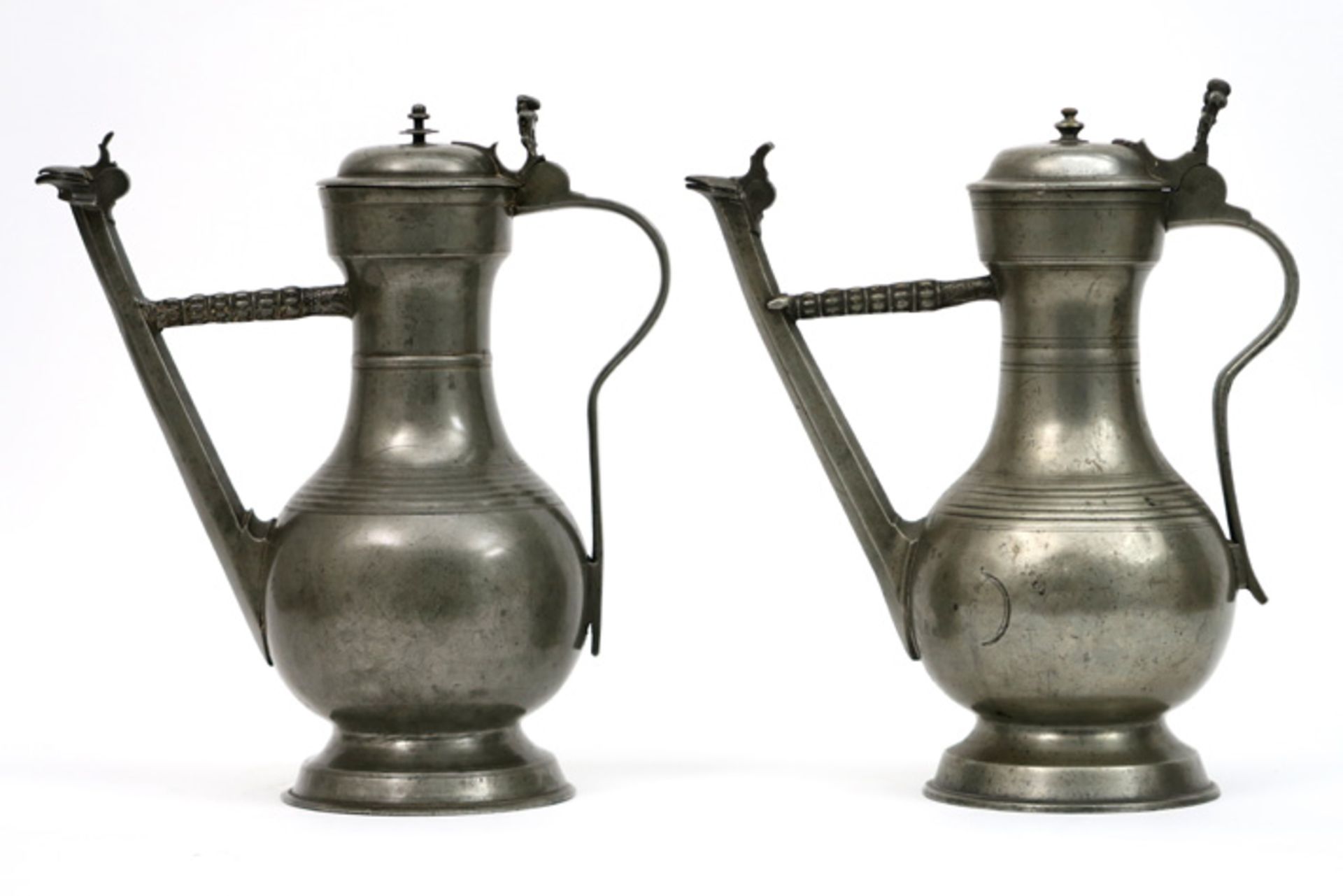 two quite rare 18th Cent. Swiss' "Stegkanne" from Bern in pewter, one marked Abraham Ganting (ca - Image 2 of 6