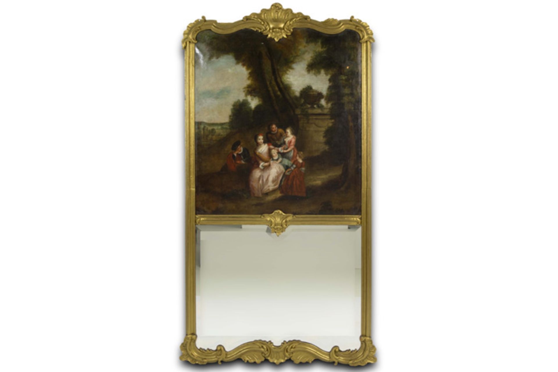 antique Louis XV style mirror with gilded frame and with a painting with a 18th Cent. style theme||