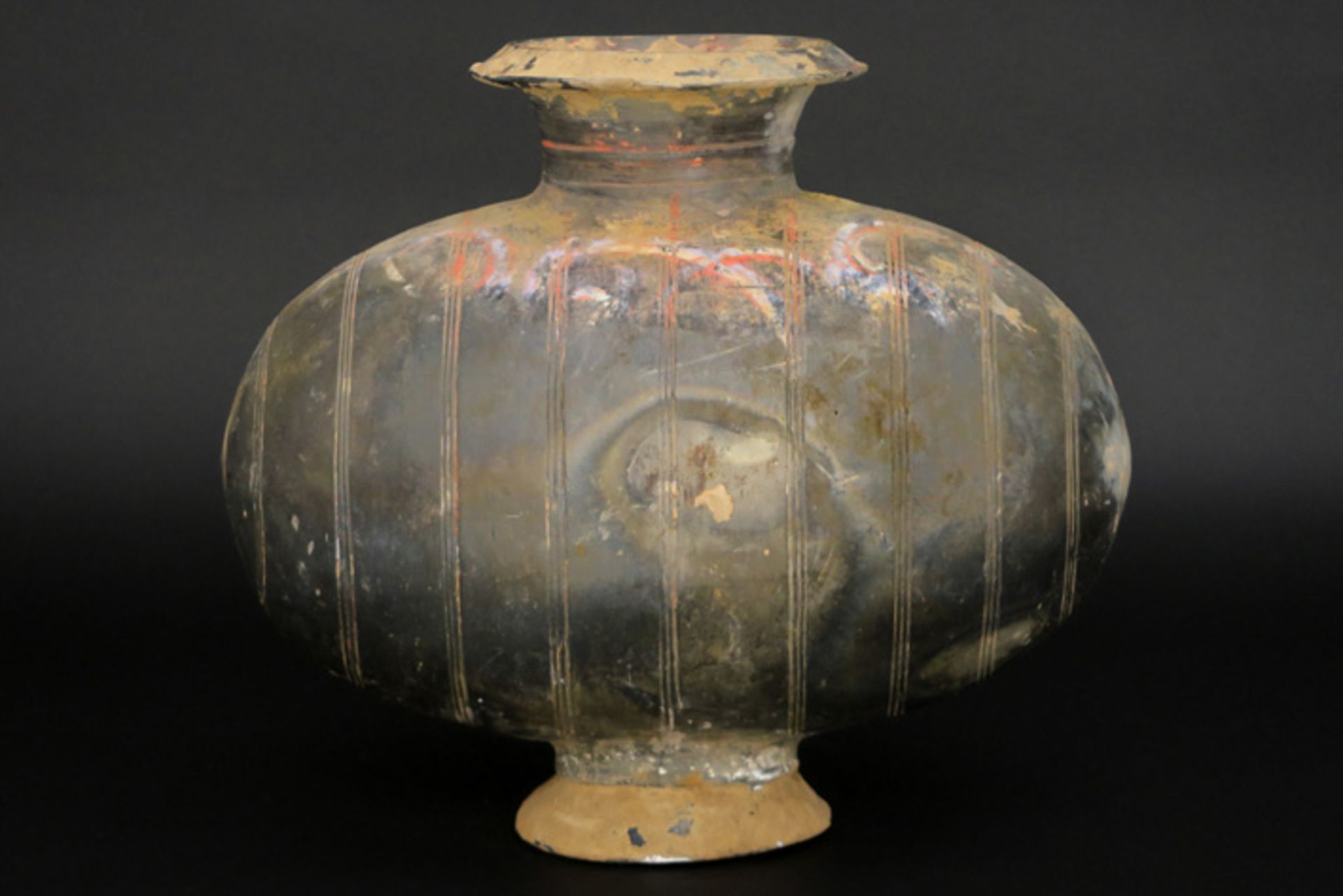 Chinese Han period tomb find : a cocoon vase in earthenware with original polychromy||CHINA - HAN-