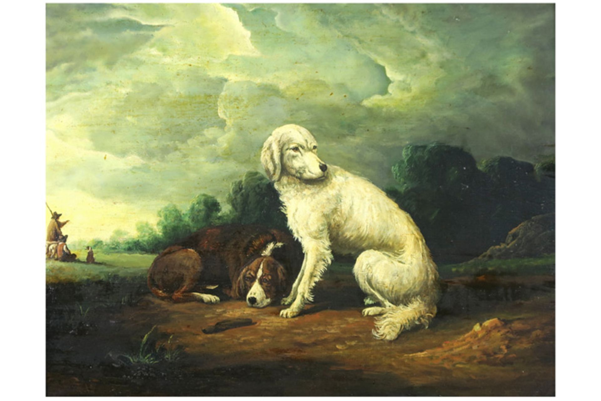 antique oil on panel||Antiek olieverfschilderij op paneel : "Twee honden"  -  40 x 53,5 