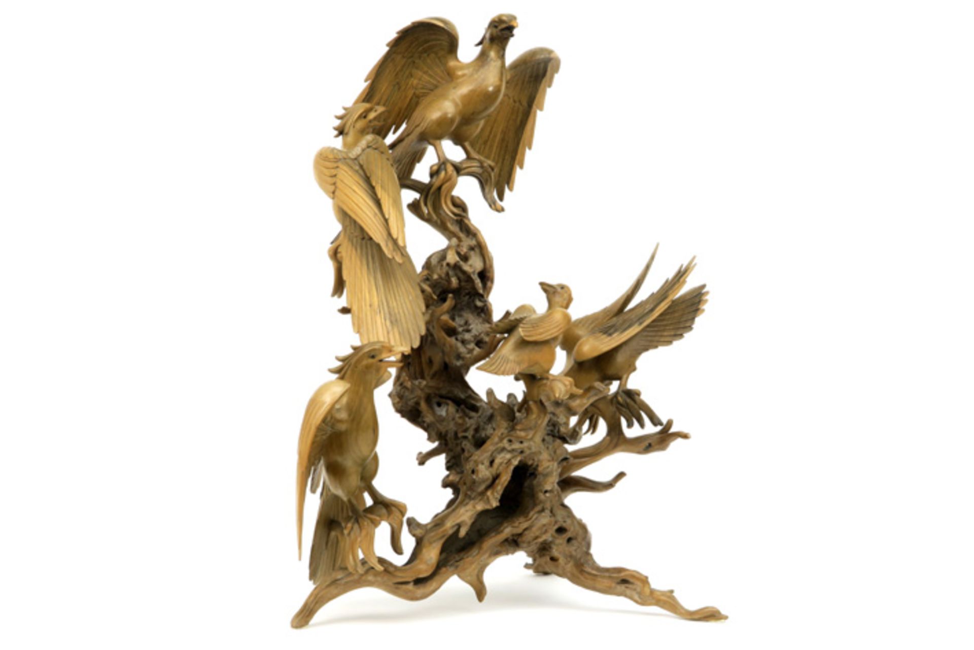 oriental heartwood sculpture with five birds||Oosterse sculptuur in hout (kernhout) met vijf - Image 2 of 5