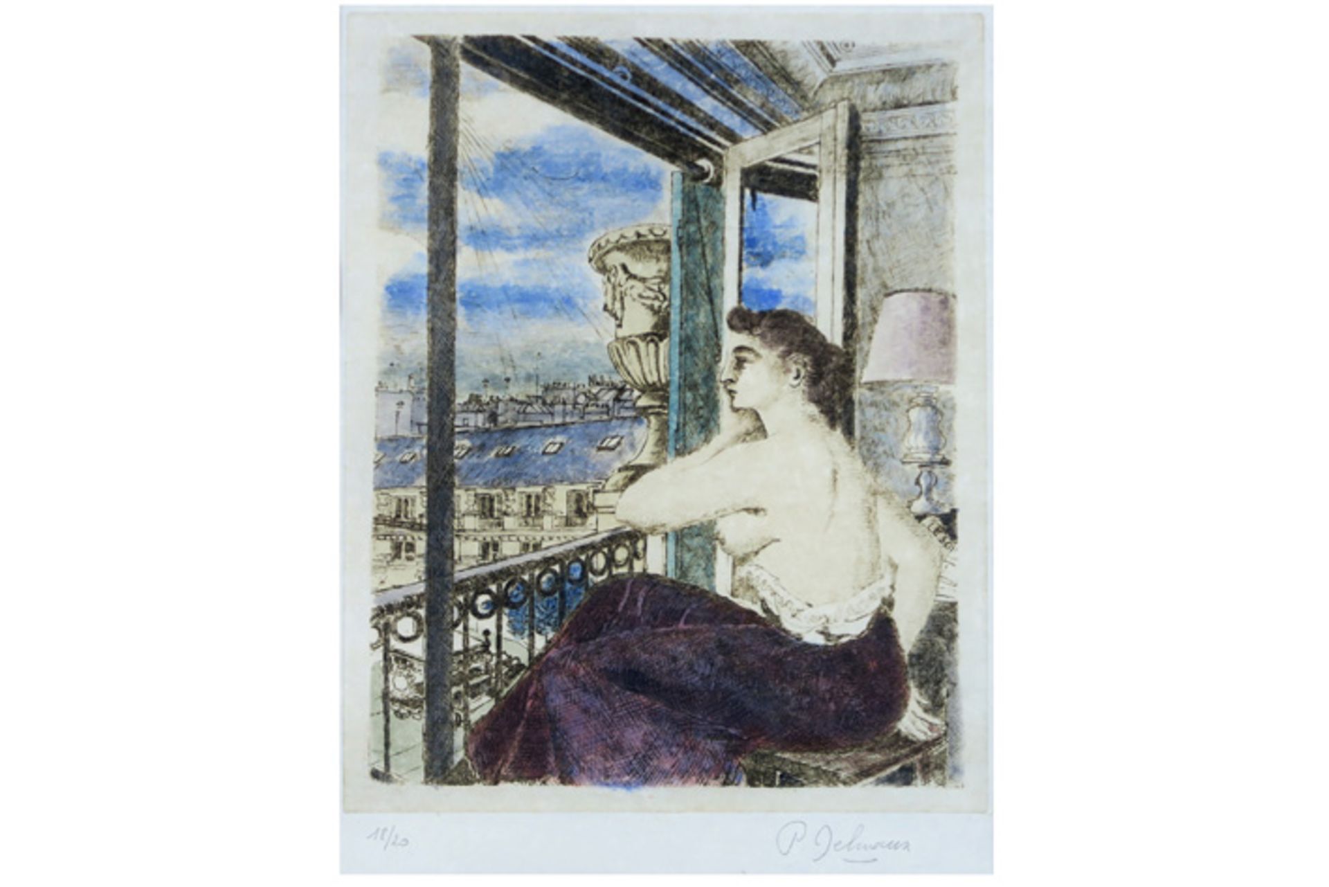 20th Cent. surrealistic Paul Delvaux mixed media (aquarelle on etching on Japanese paper) from the