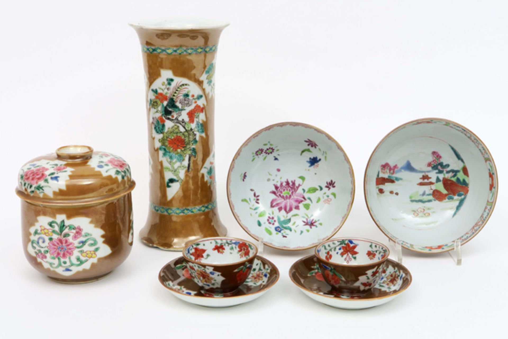eight 18th Cent. Chinese items in "café au lait" porcelain : lidded pot, two sets of cup and - Image 2 of 4