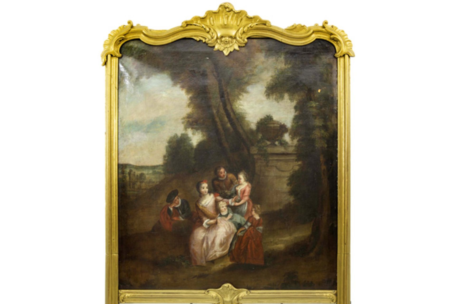 antique Louis XV style mirror with gilded frame and with a painting with a 18th Cent. style theme|| - Image 2 of 3