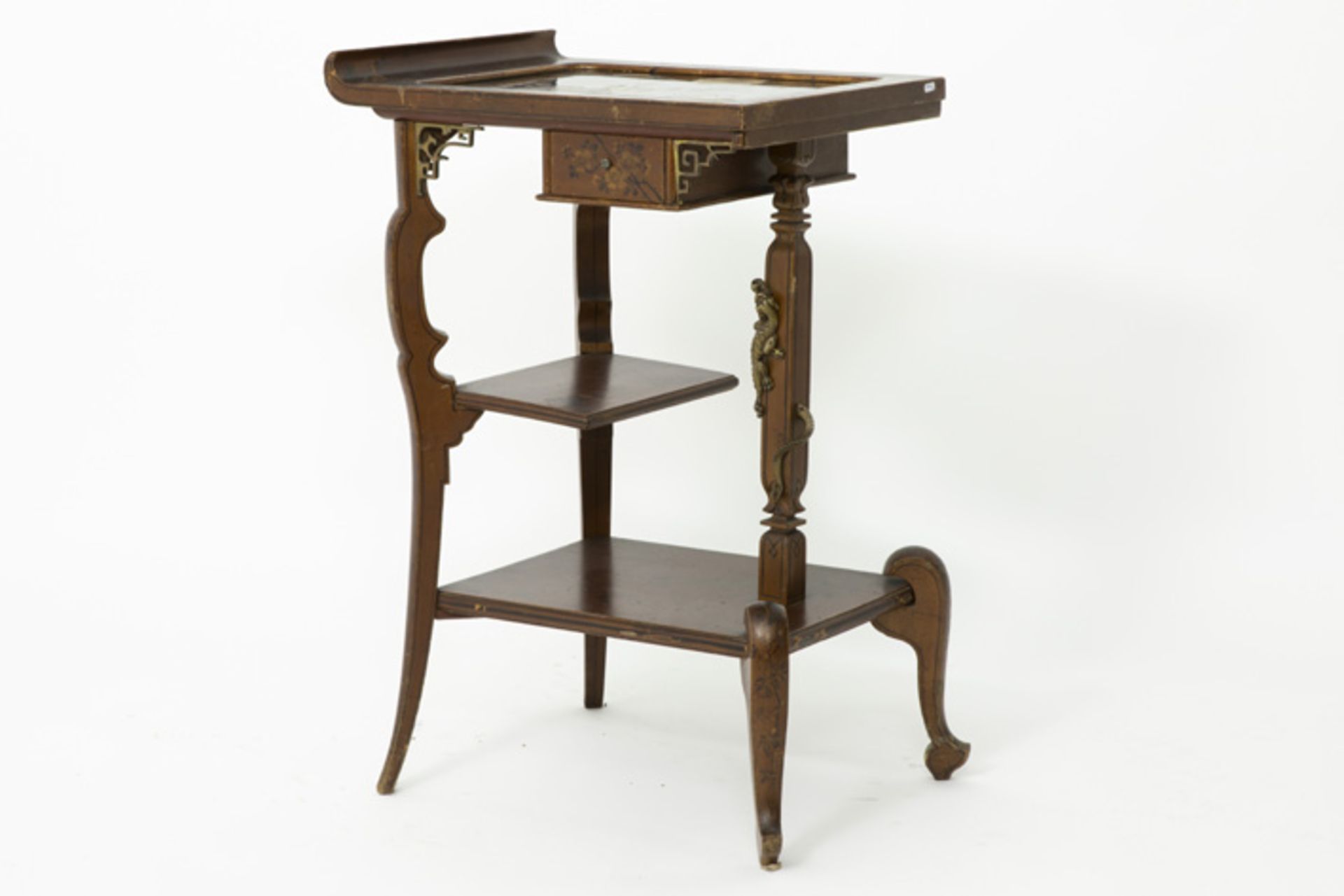 small 19th Cent. French walnut table with a lacquered top panel, with a typical "Viardot Chinese