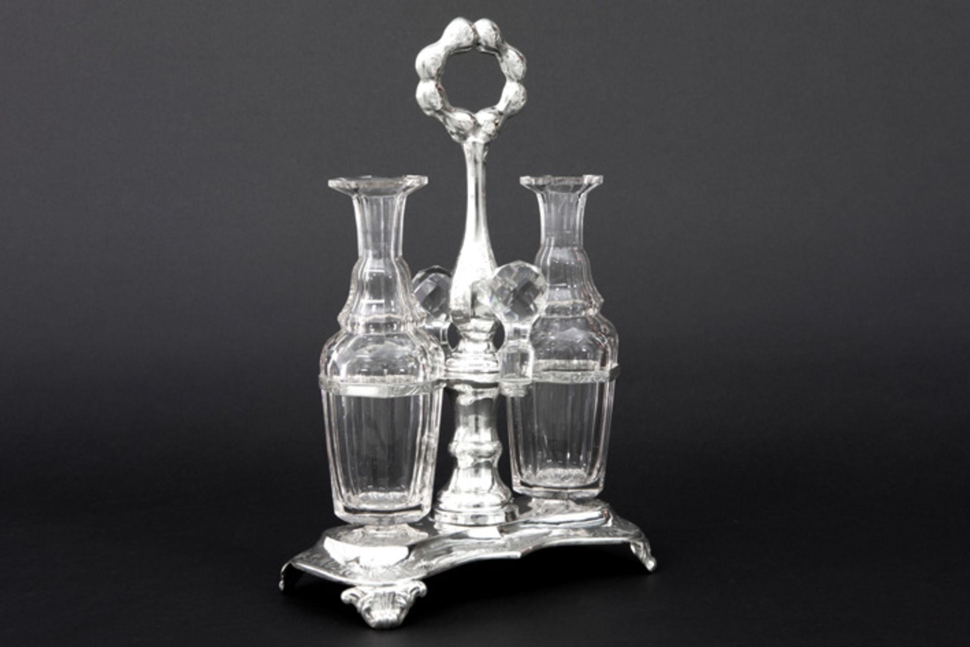 19th Cent. Dutch cruetset in "GMO" marked and 1851 dated silver and with two jugs in crystal|| - Image 2 of 3