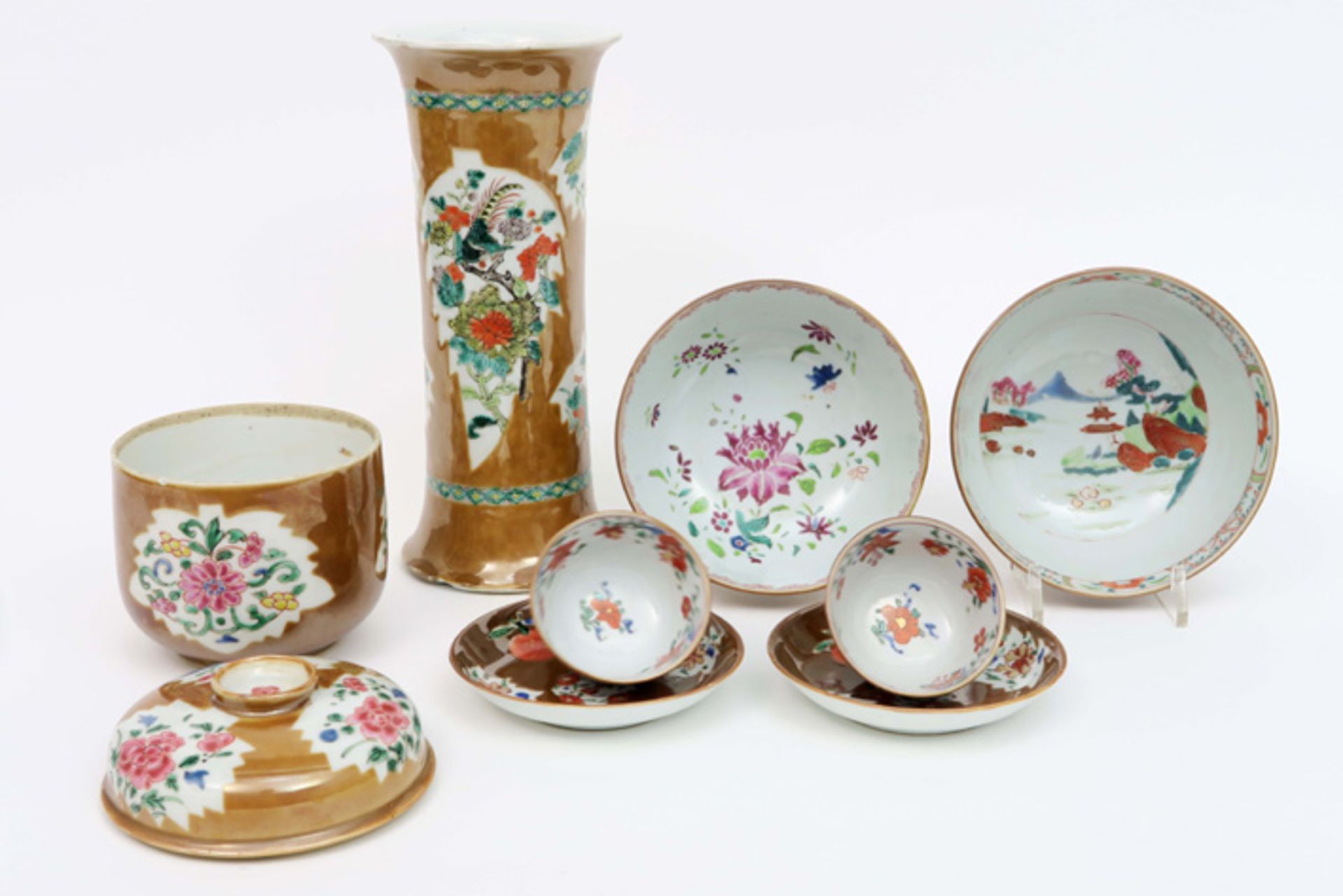 eight 18th Cent. Chinese items in "café au lait" porcelain : lidded pot, two sets of cup and - Image 3 of 4