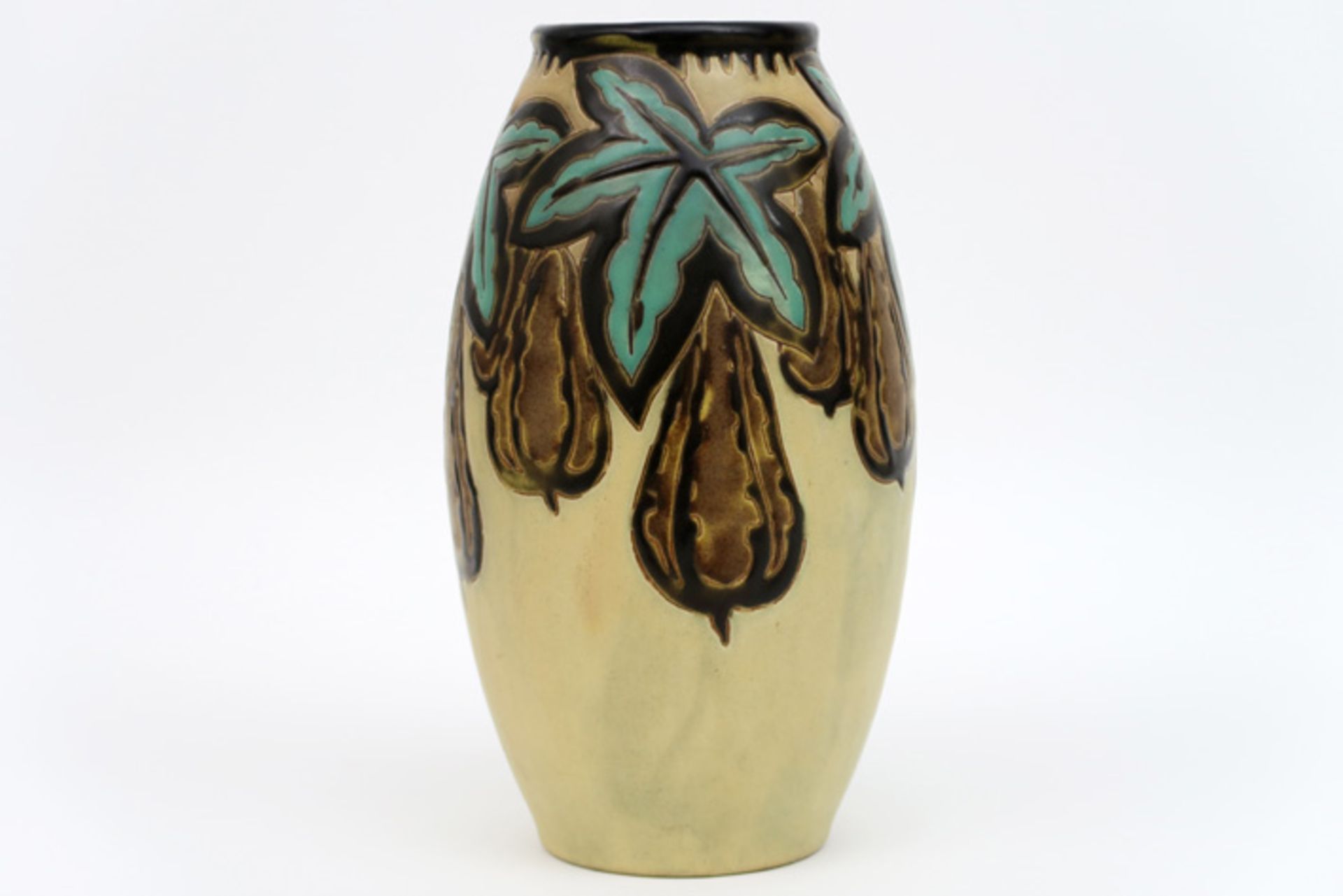 Belgian Art Deco vase in "Keramis" marked earthenware with a polychrome decor with fruits and
