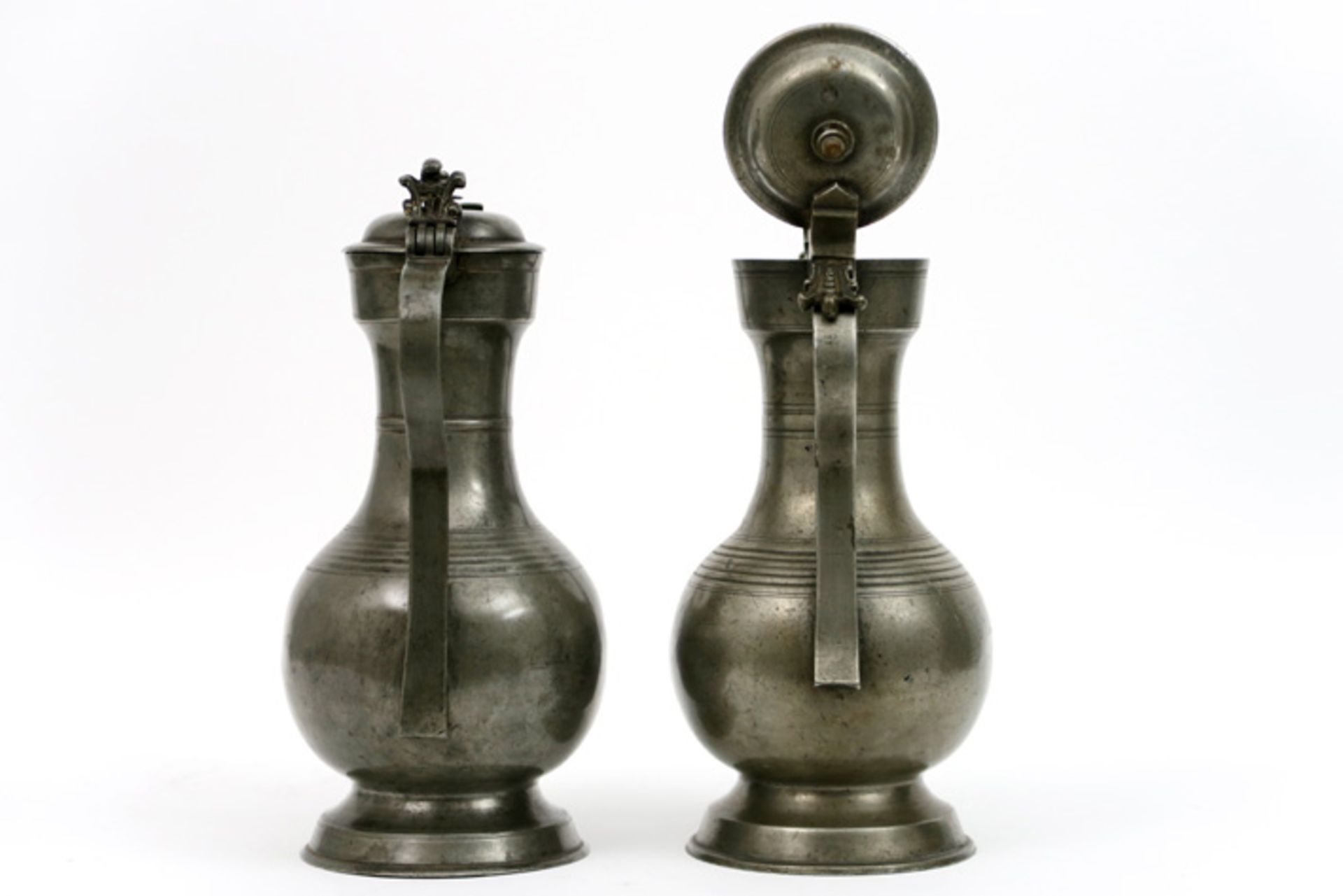 two quite rare 18th Cent. Swiss' "Stegkanne" from Bern in pewter, one marked Abraham Ganting (ca - Image 4 of 6