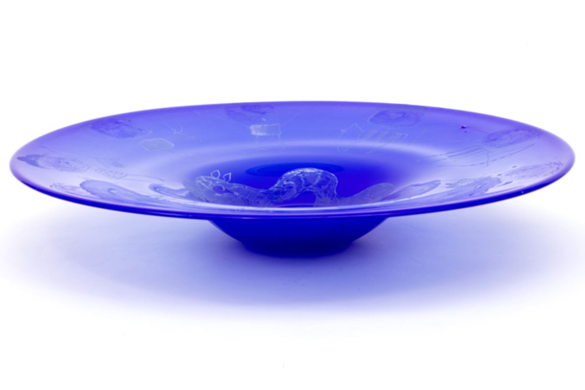 unique Christian Silvain & Giampaolo Amoruso blue glass charger with engraved and etched decor - Image 3 of 4