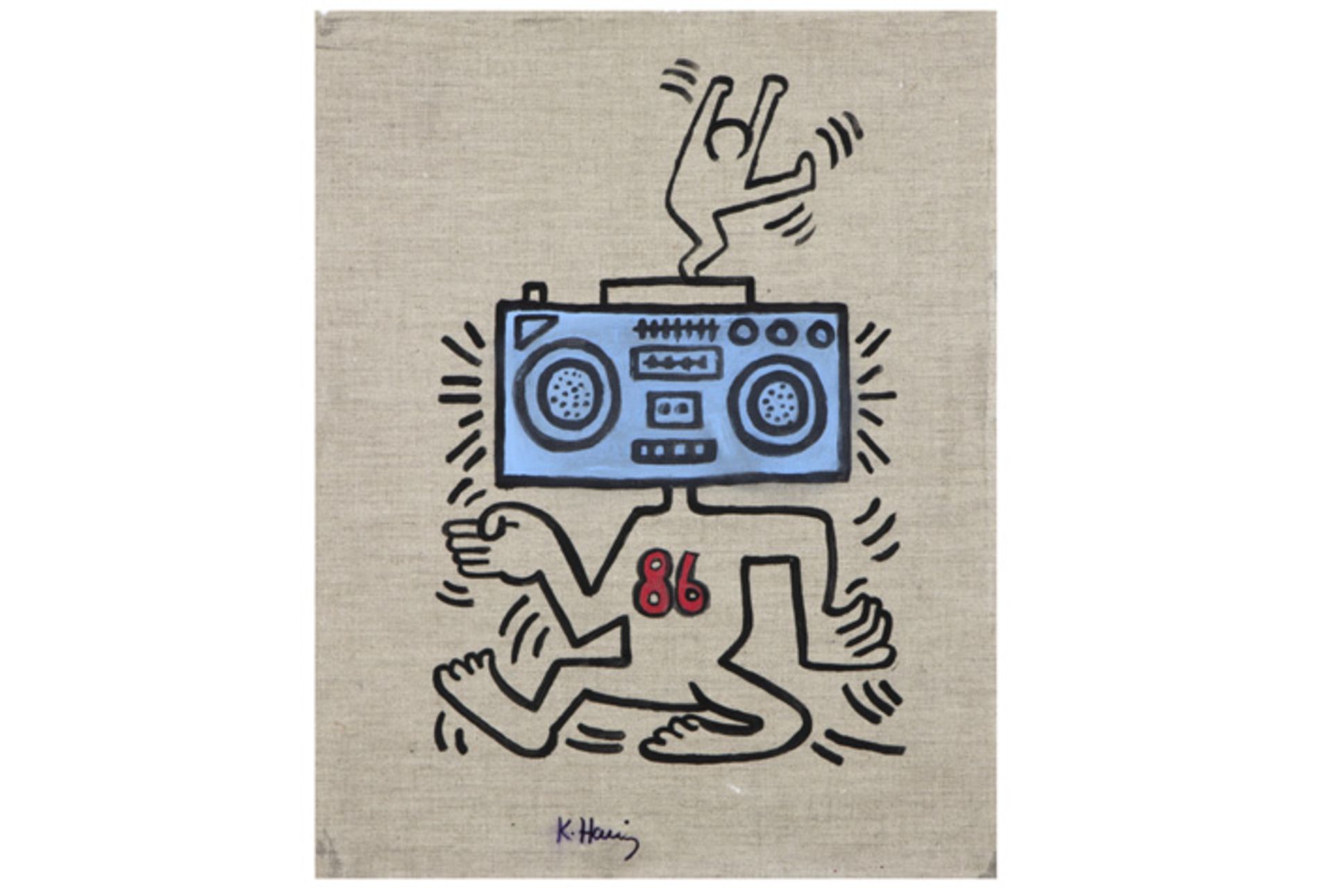 Keith Haring signed "Radioman" mixed media on canvas (on board) - with on the back a provenance labe