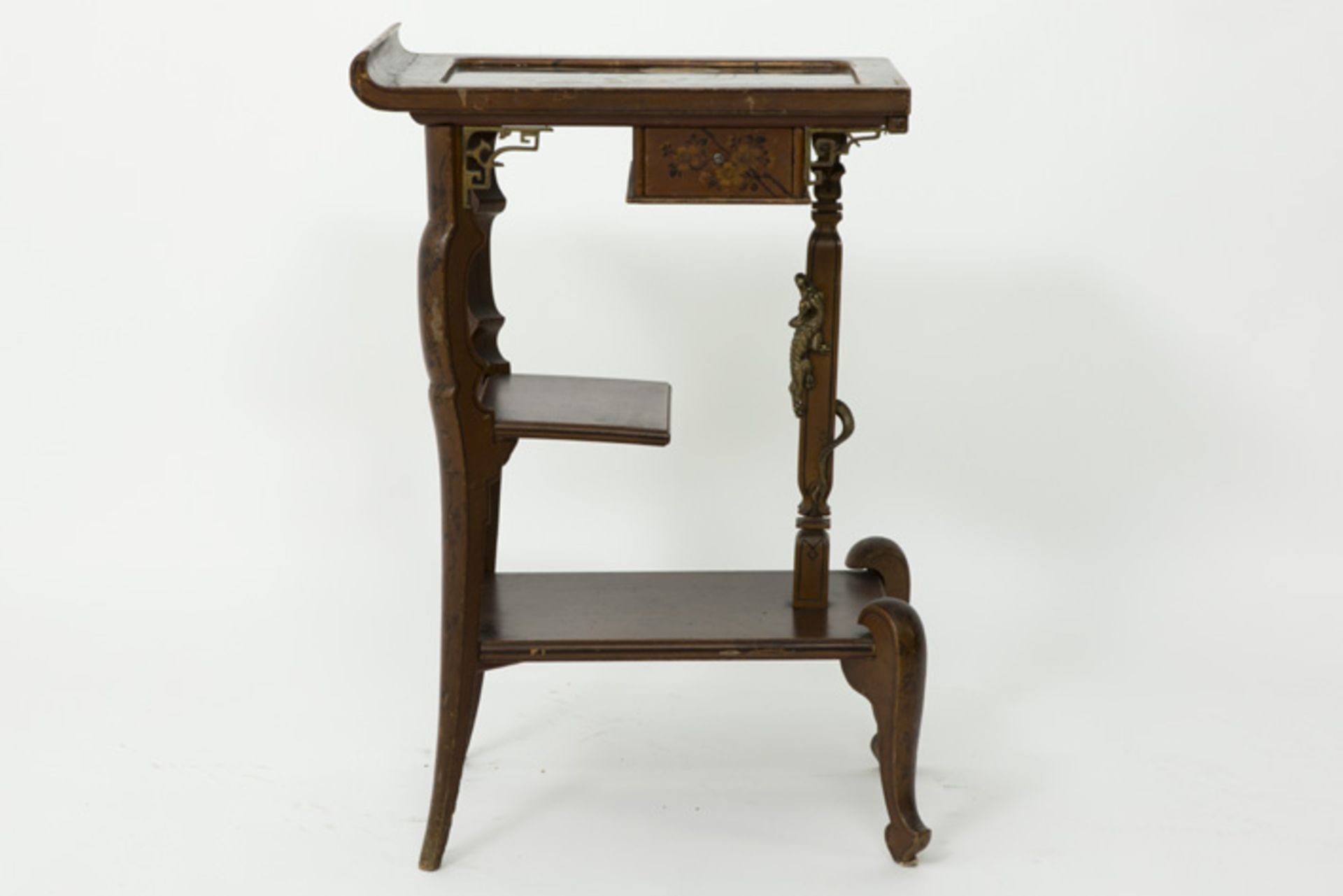 small 19th Cent. French walnut table with a lacquered top panel, with a typical "Viardot Chinese - Image 2 of 4