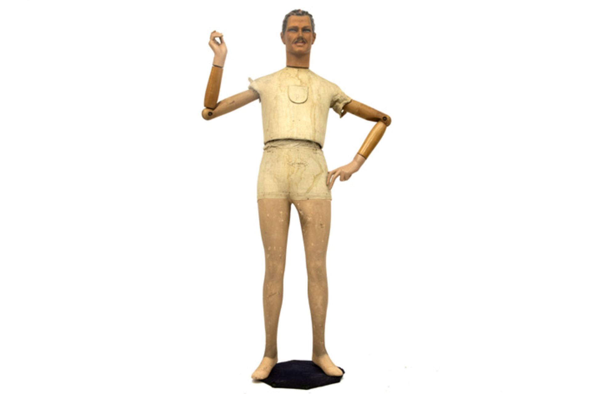 French vintage lifesize "p l mans paris" marked mannequin with articulated arms in wood and with a