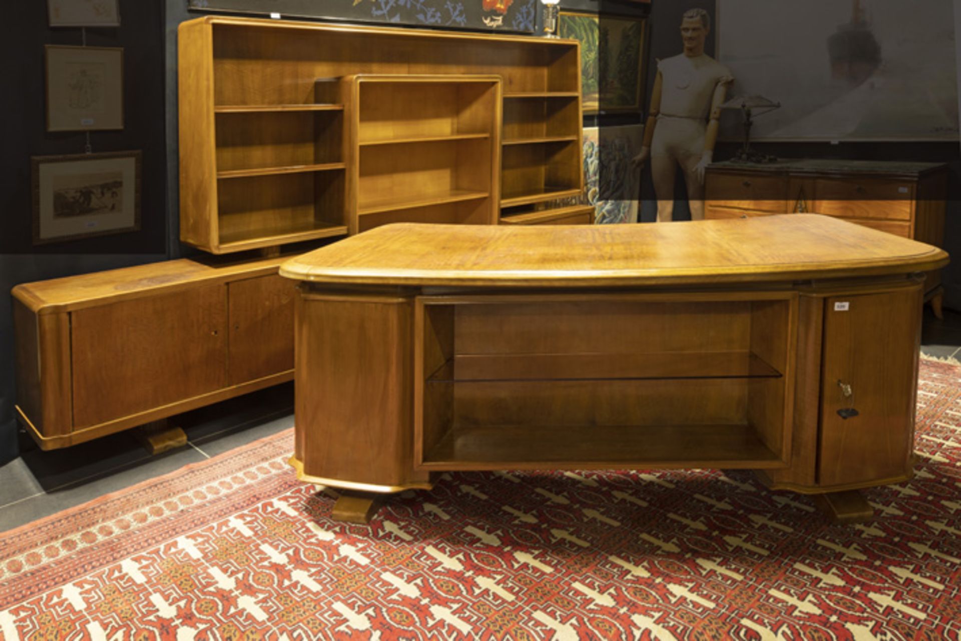 Art Deco suite in walnut with an elegant desk, a library bookcase with quite special design and a