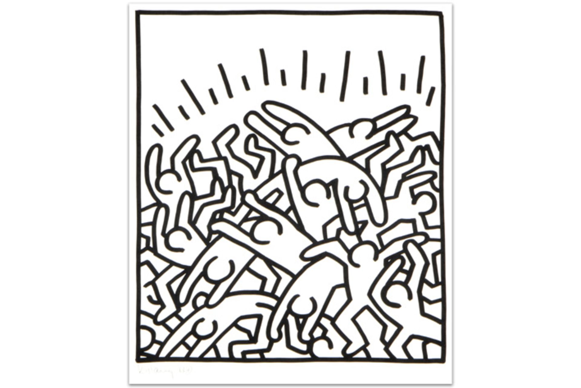 Keith Haring signed and (19)83 dated lithograph with on the back a attestation by the editor "Amelio