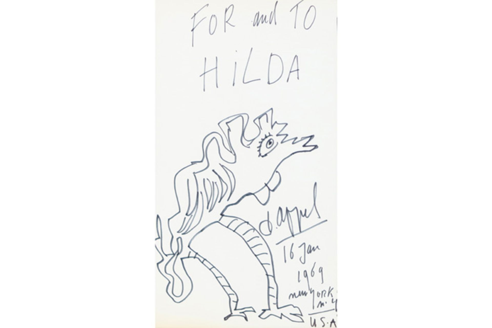 Karel Appel signed drawing with a dedication dated January the 16th of 1969 New York || APPEL
