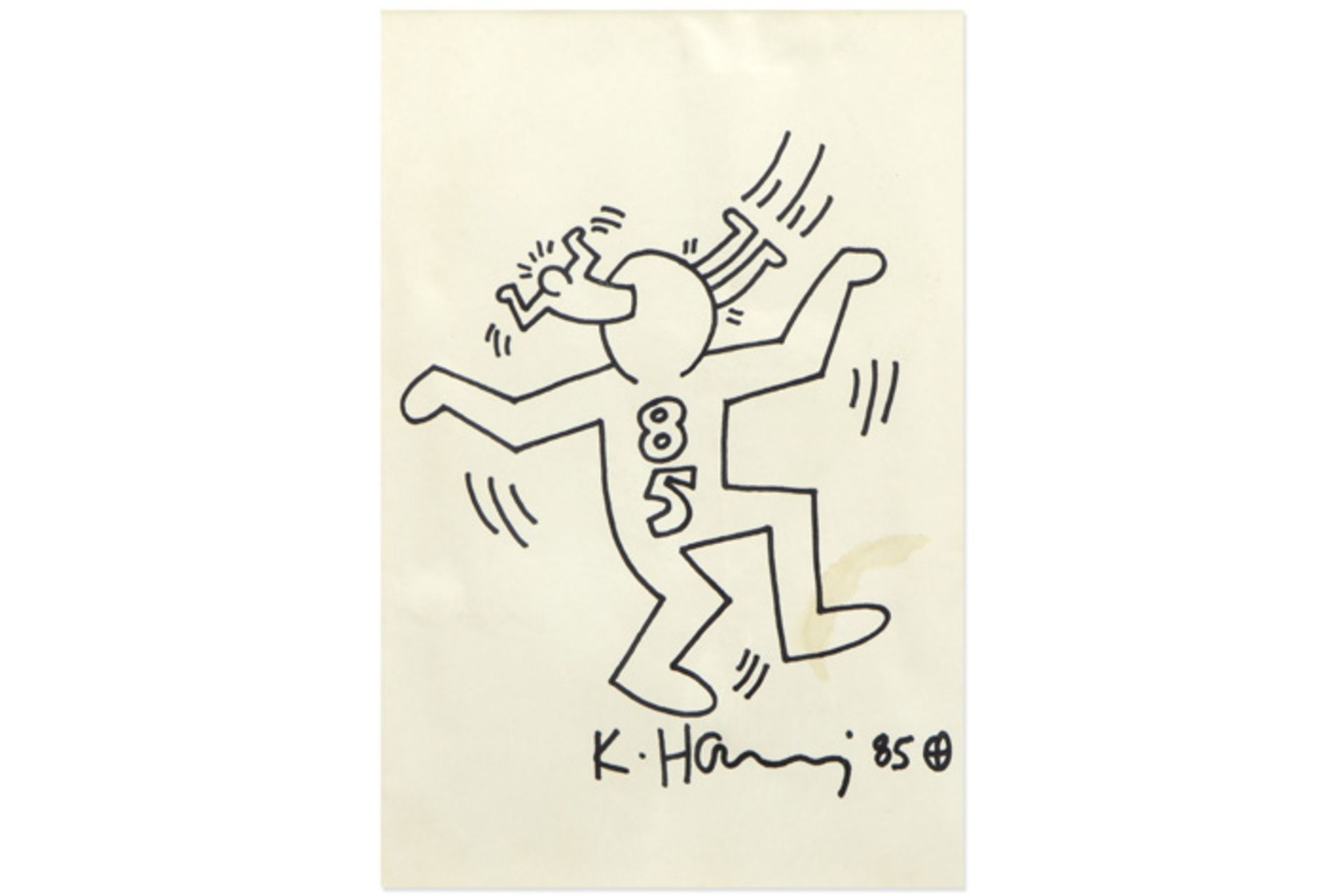 Keith Haring signed drawing dated (19)85 - with on the back a dedication "For George", a stamp of