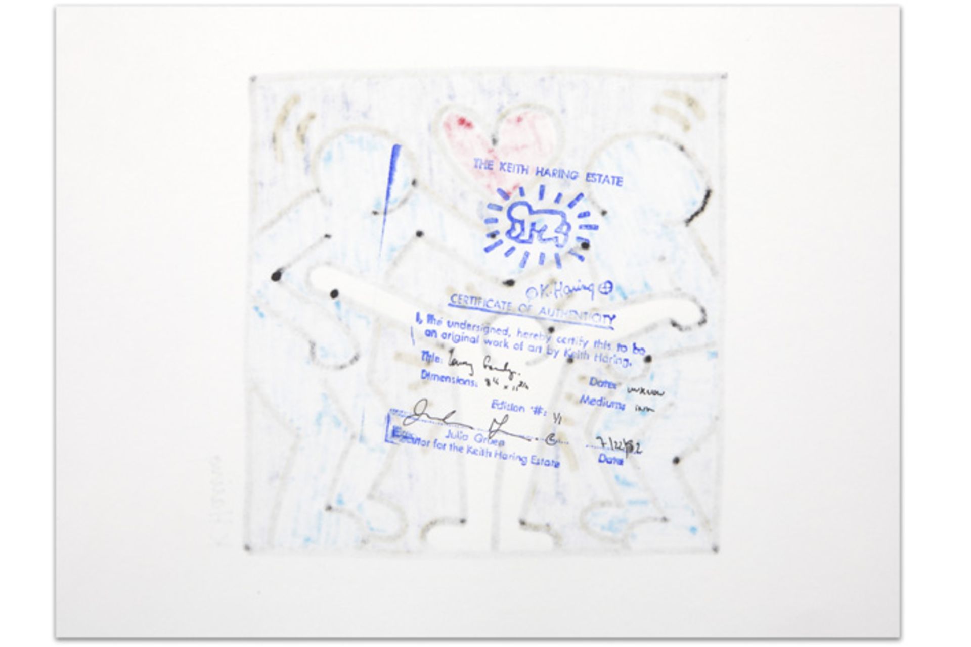 Keith Haring signed drawing in colors - with on the back an authentication by the Keith Haring - Image 2 of 4