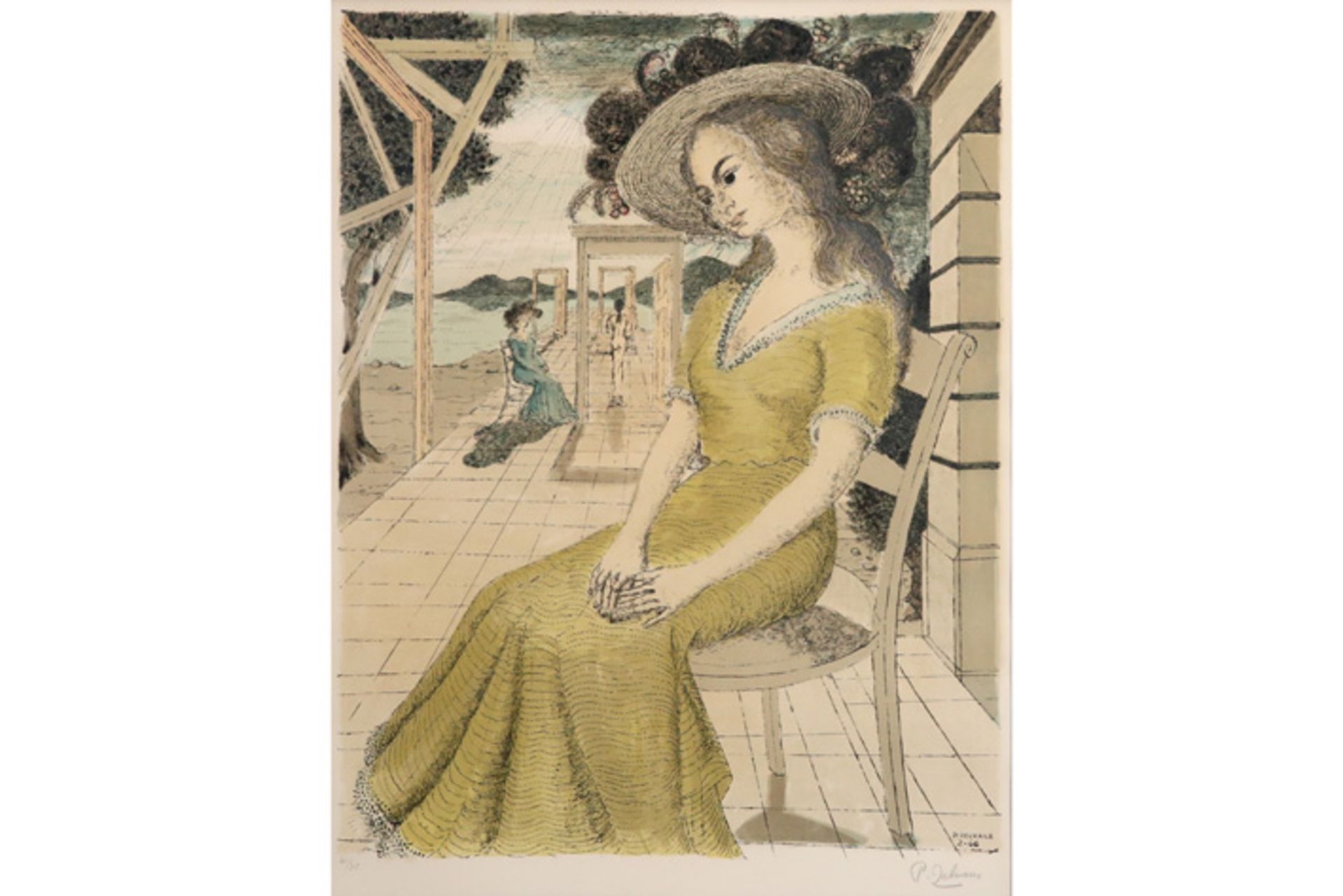 Paul Delvaux "Anne songeuse" lithograph printed in colors - signed and signed and dated (19)66 in