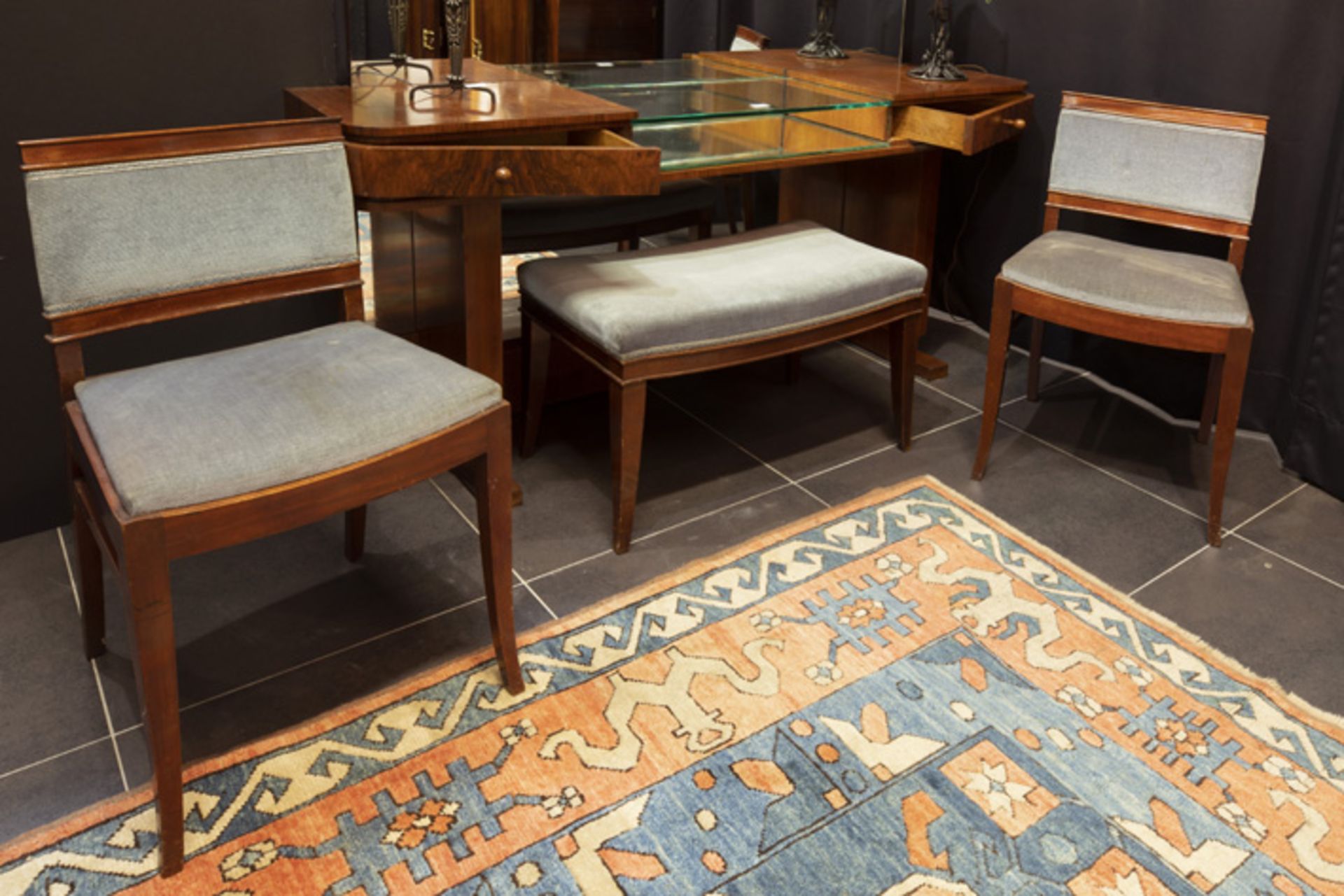 Belgian "De Coene" Art Deco set of a side table with its stool and two chairs in burr of walnut - Image 3 of 3