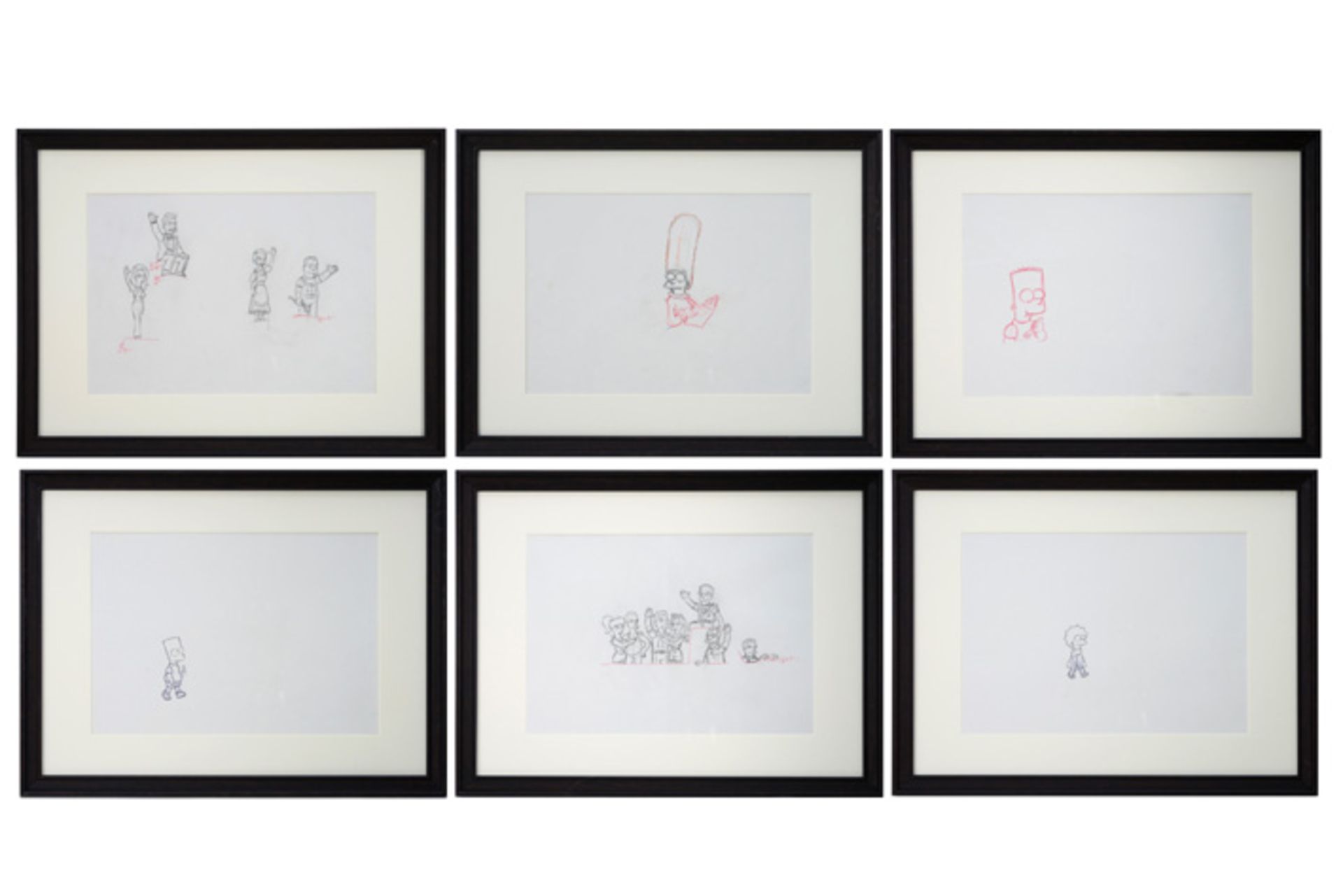 six Matt Groening drawings for the "The Simpsons" - each with certificate and framed || GROENING