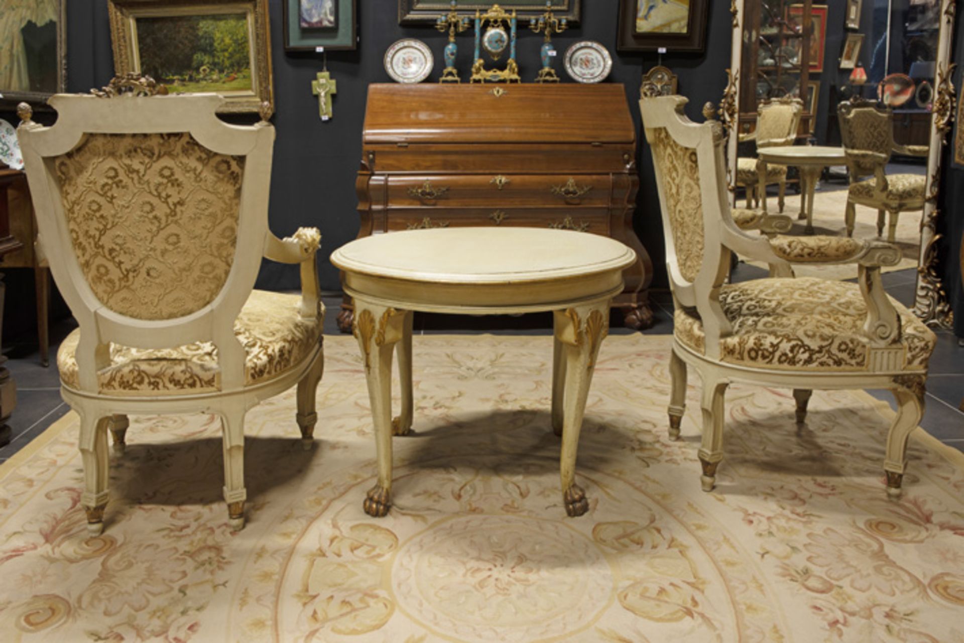 pair of 19th Cent. neoclassical Napoleon III armchairs in polychromed wood sold with a round - Image 3 of 4