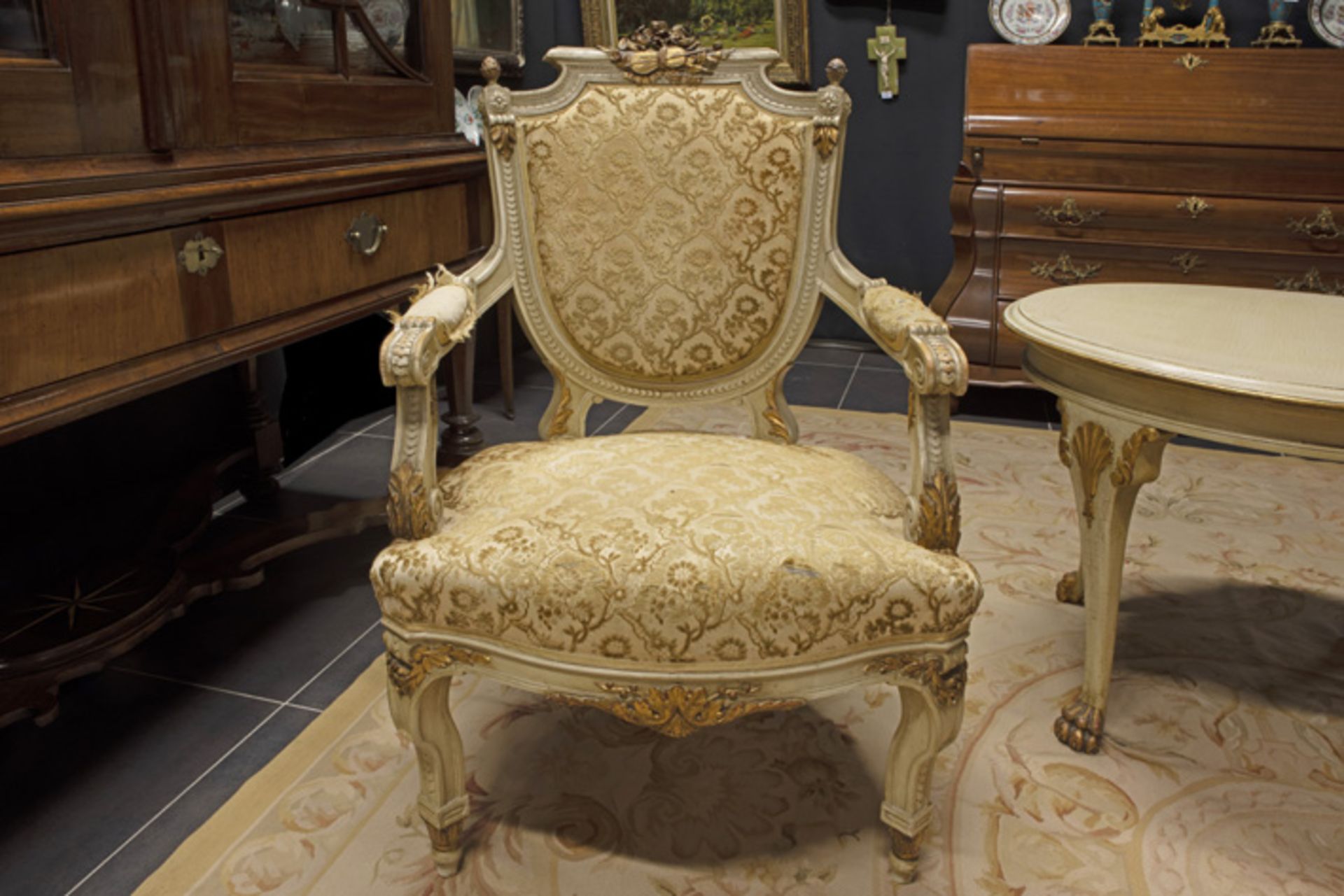 pair of 19th Cent. neoclassical Napoleon III armchairs in polychromed wood sold with a round - Image 4 of 4