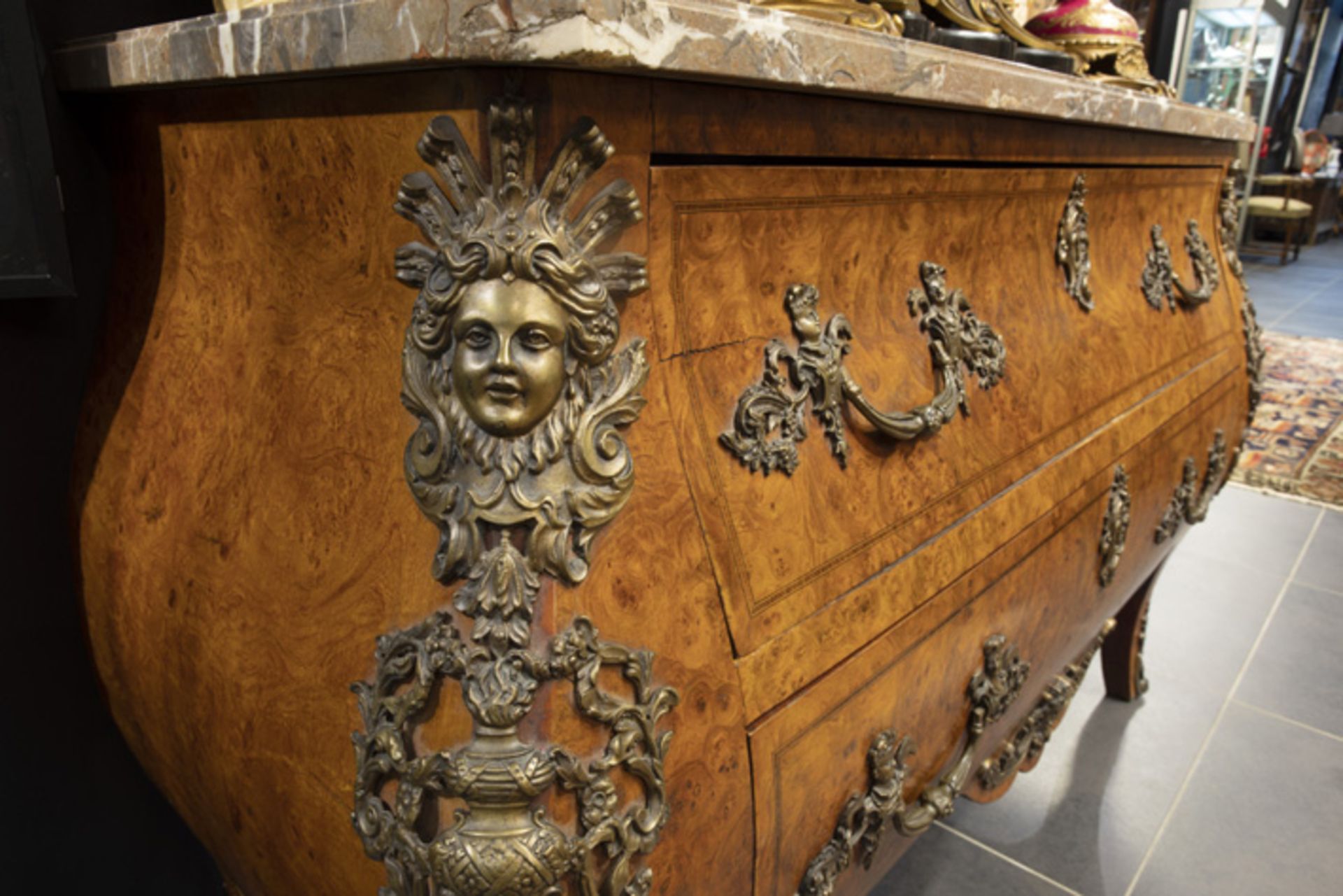 'antique' chest of drawers in burr of walnut with Louis XIV style mountings in bronze and a marble - Image 2 of 3