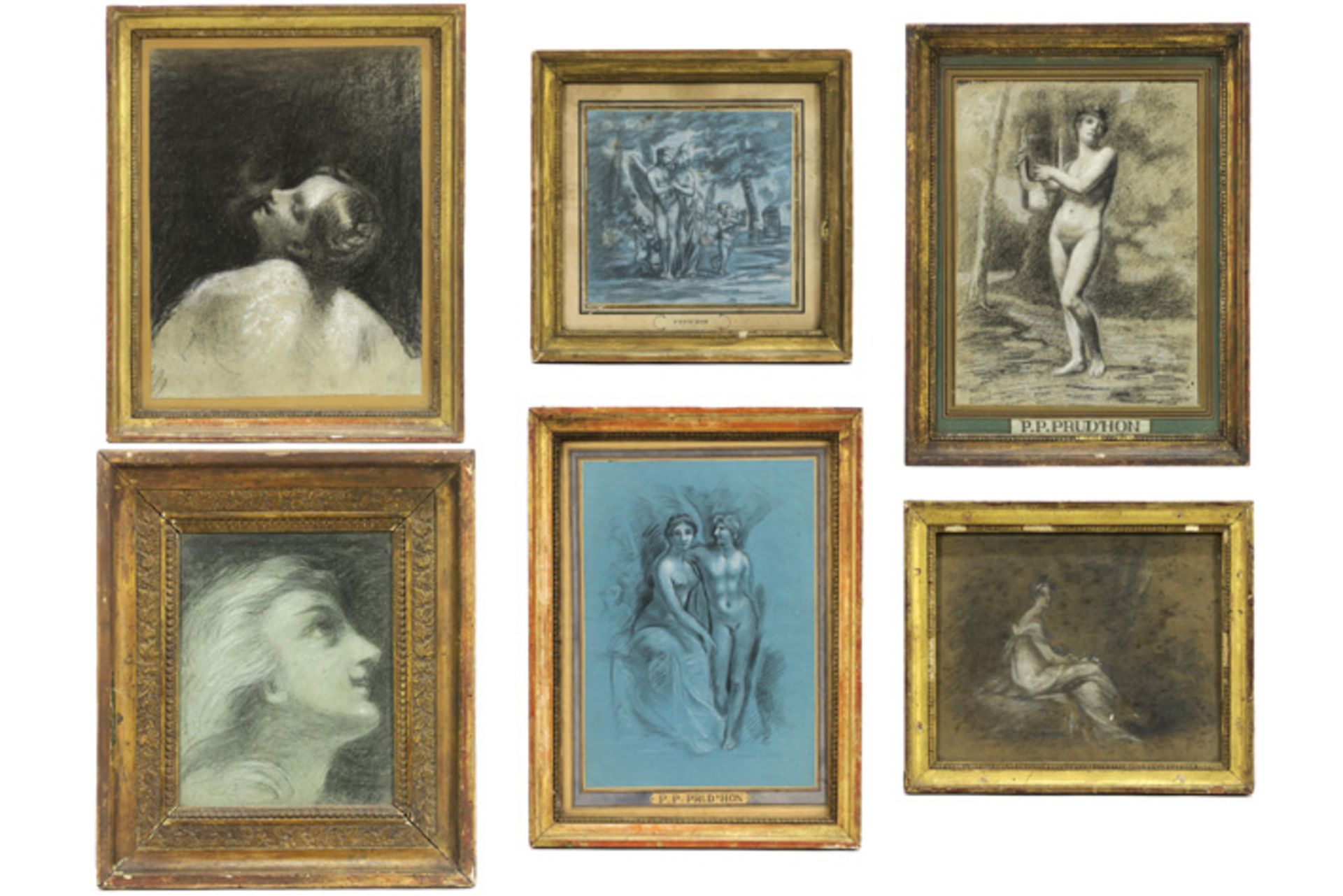 six drawings (two on blue paper) each with figures attributed to/ cercle of Pierre-Paul Prudhon ||