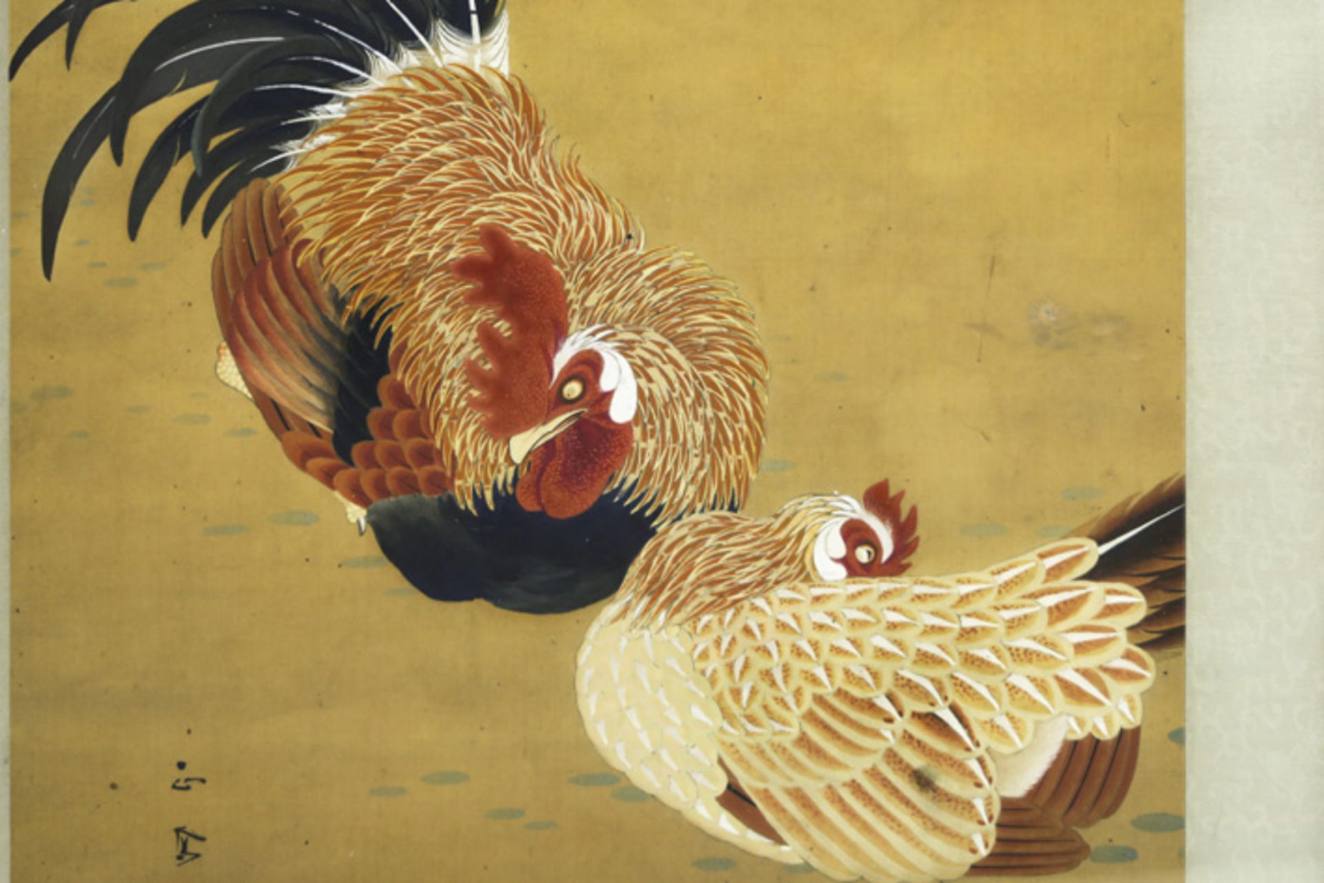 framed Chinese "Cock and Hen" painting - marked former collection of Jeanette Jongen ( - Image 2 of 4