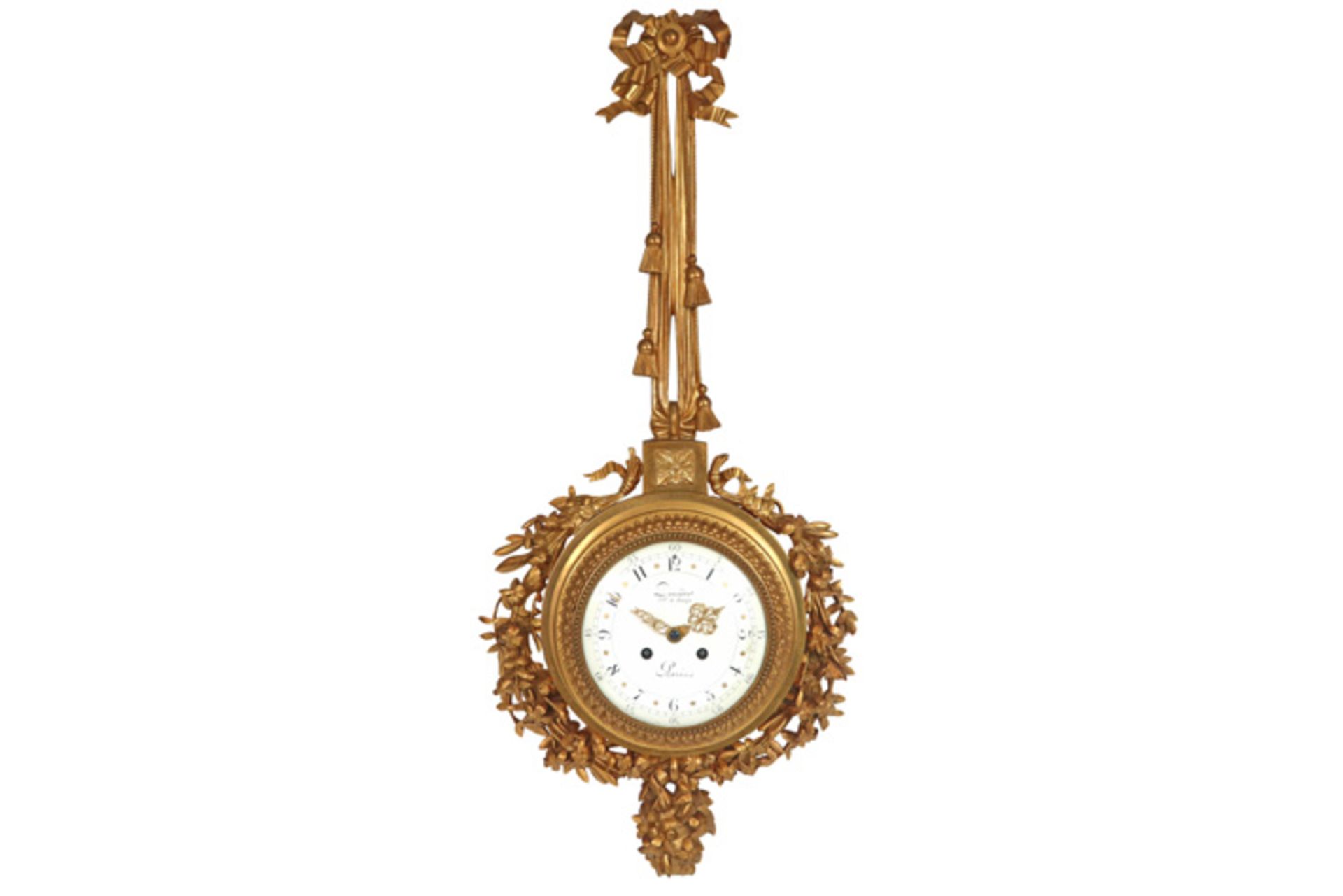 19th Cent. French "Denière à Paris" neoclassical wallclock in gilded bronze - signed on the face and