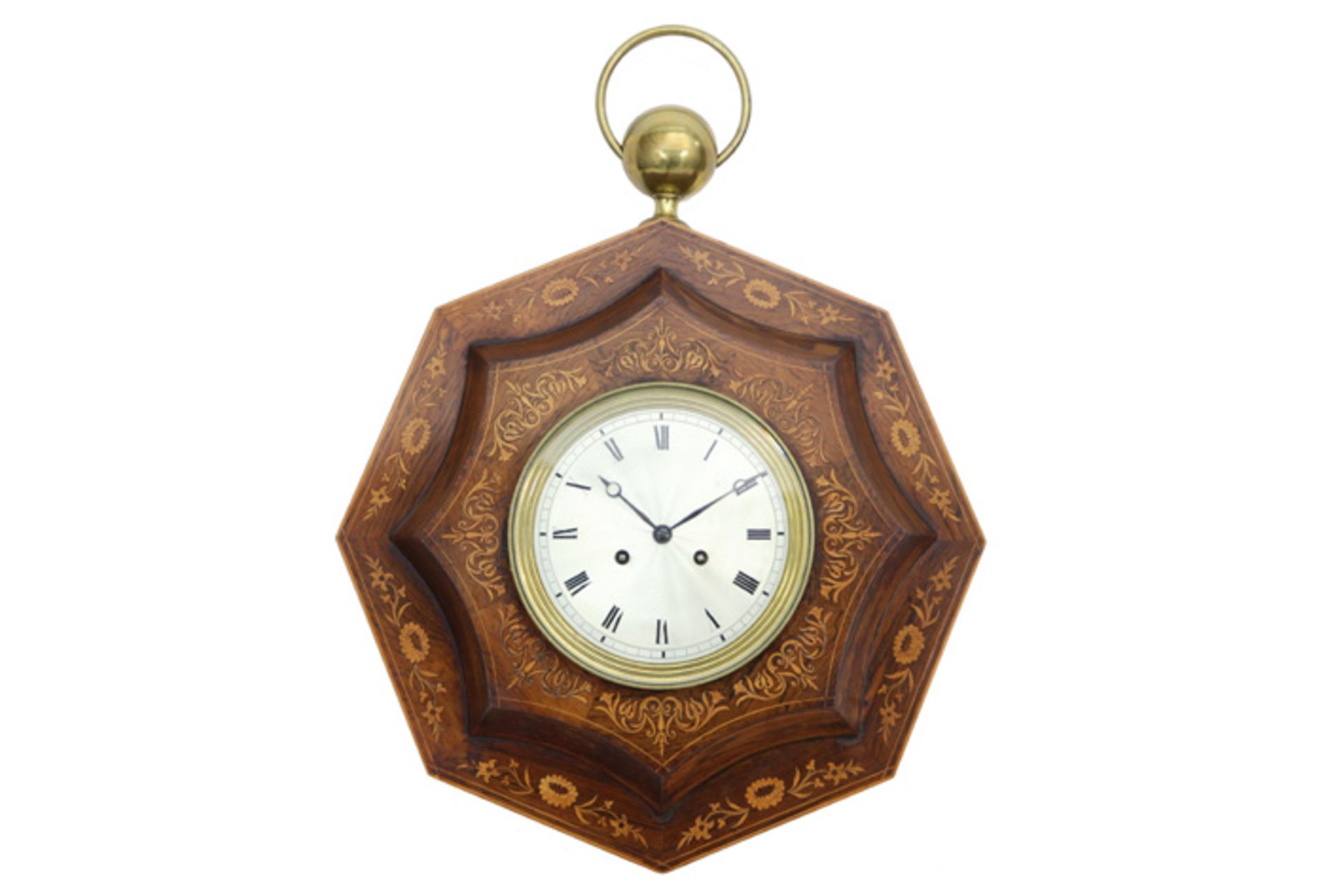 19th Cent. Charles X period wall clock with an octogonal case in marquetry and with a "Legrand