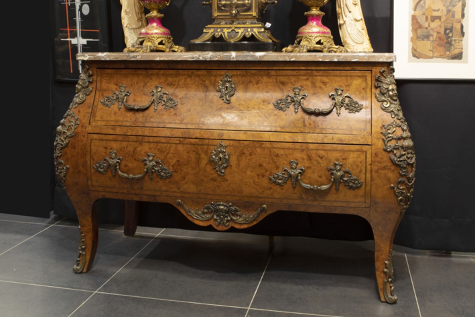 'antique' chest of drawers in burr of walnut with Louis XIV style mountings in bronze and a marble - Image 3 of 3