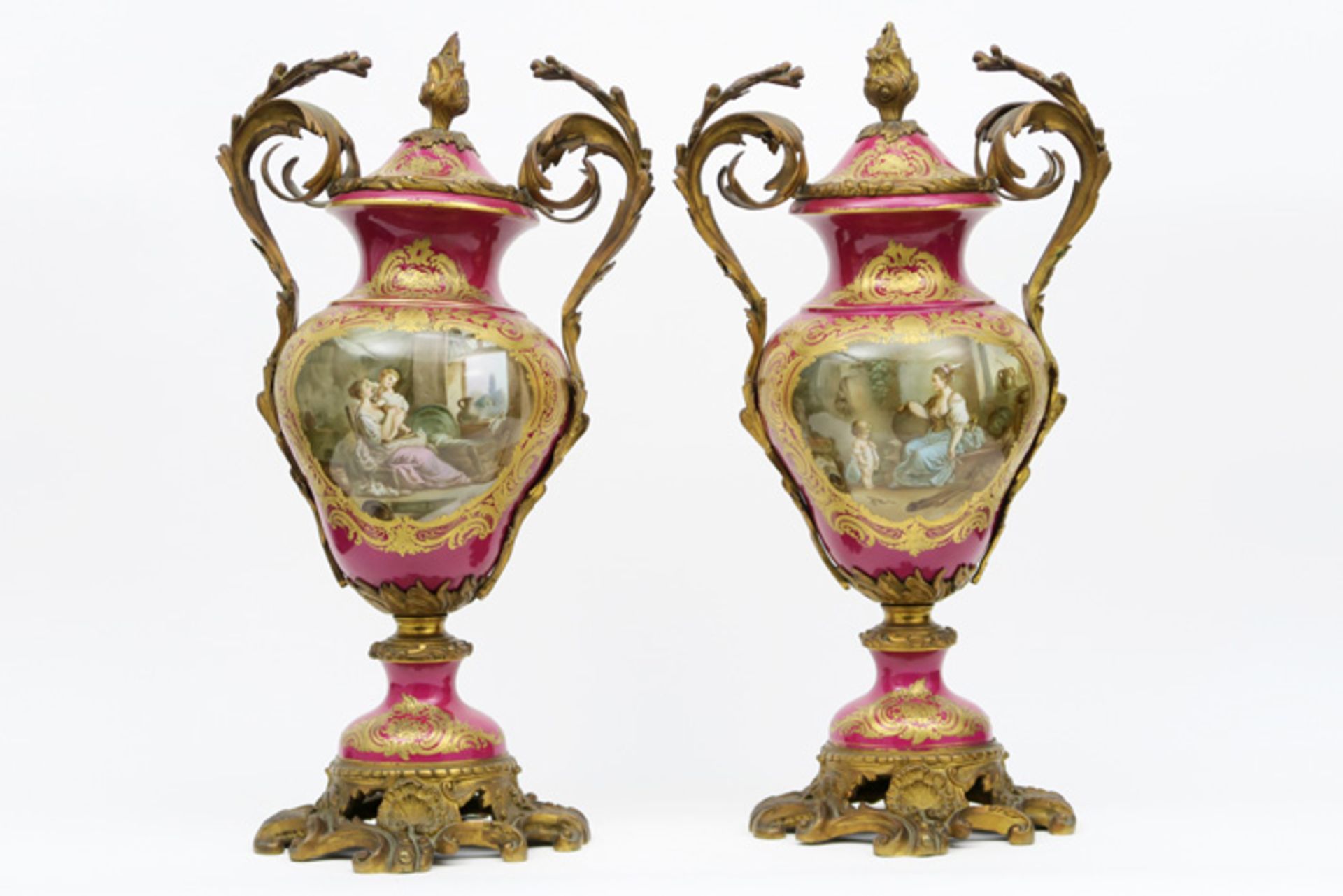 pair of quite big antique lidded vases in Sèvres marked porcelain with F. Amblet signed paintings