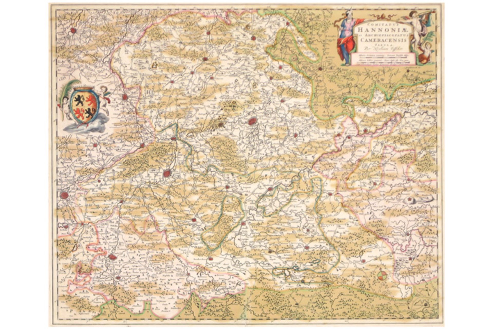 two framed 18th Cent. engravings each with a map of Hainaut and surroundings || Lot van twee - Image 2 of 7