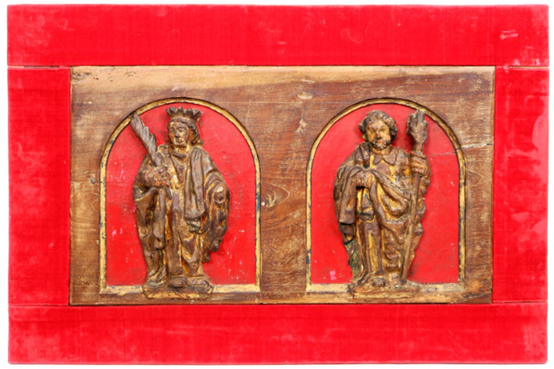 pair 16th/17th Cent. European oak high relief sculptures with remains of the original