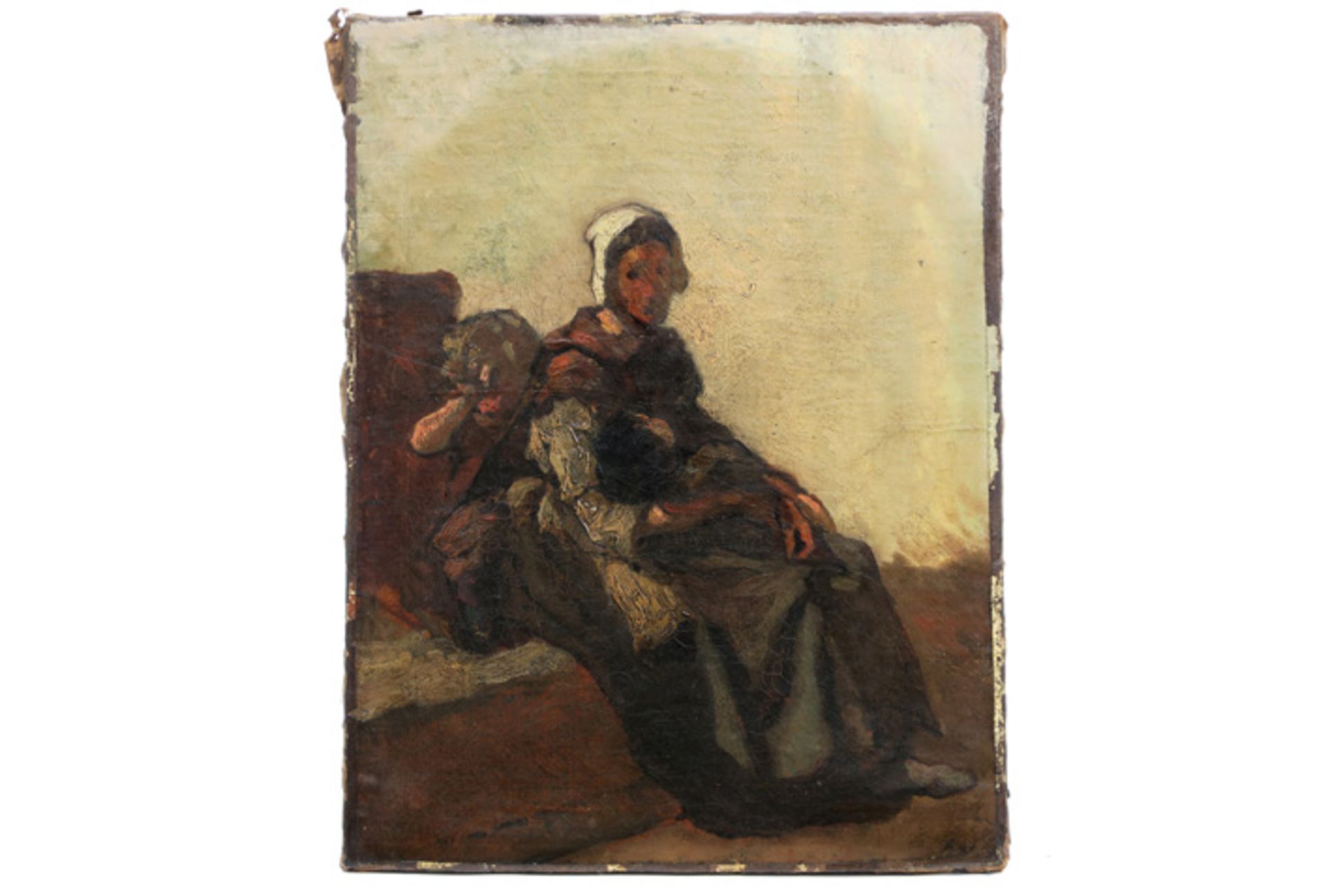 mid 19th Cent. "Mother and two children" oil on canvas with fairly clear traces of the typical