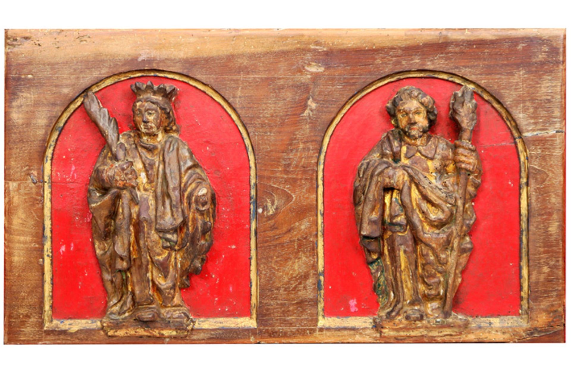 pair 16th/17th Cent. European oak high relief sculptures with remains of the original - Image 2 of 3