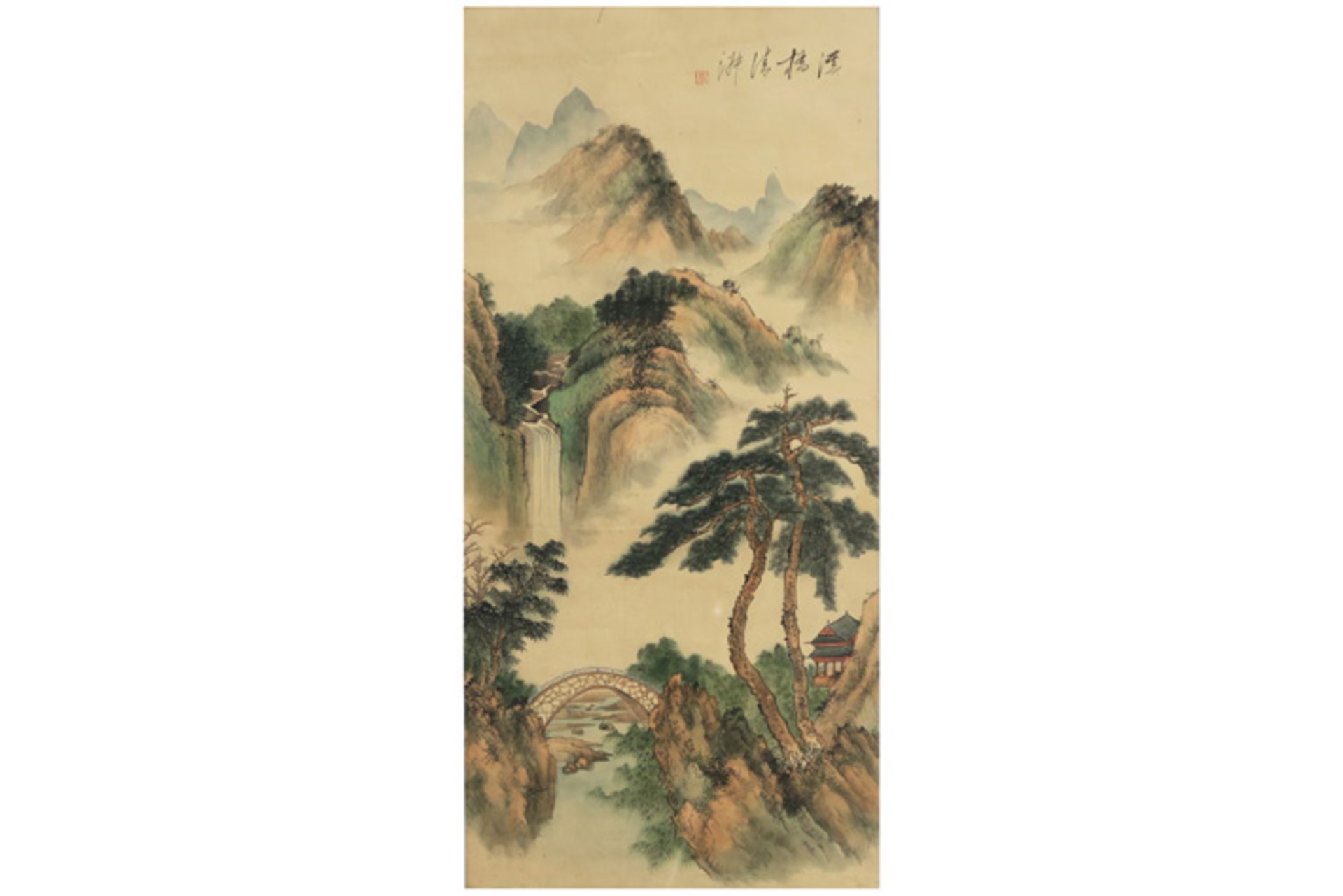 Chinese aquarelle || Chinese aquarel met berglandschap - 66,5 x 31,5