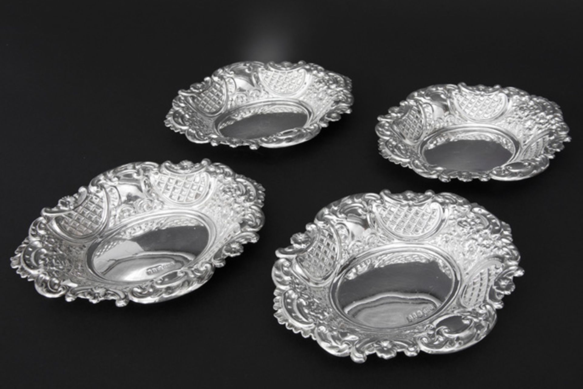 set of four English sweet's baskets in marked and "A. Taile & Sons" signed silver || A. TAILE & SONS