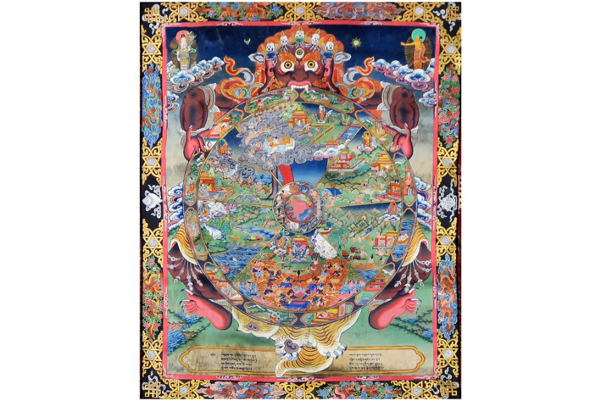 Tibetan tangka with a round "Wheel of life" mandala, protected by Khirtimukha || Tibetaanse tangka - Image 2 of 2