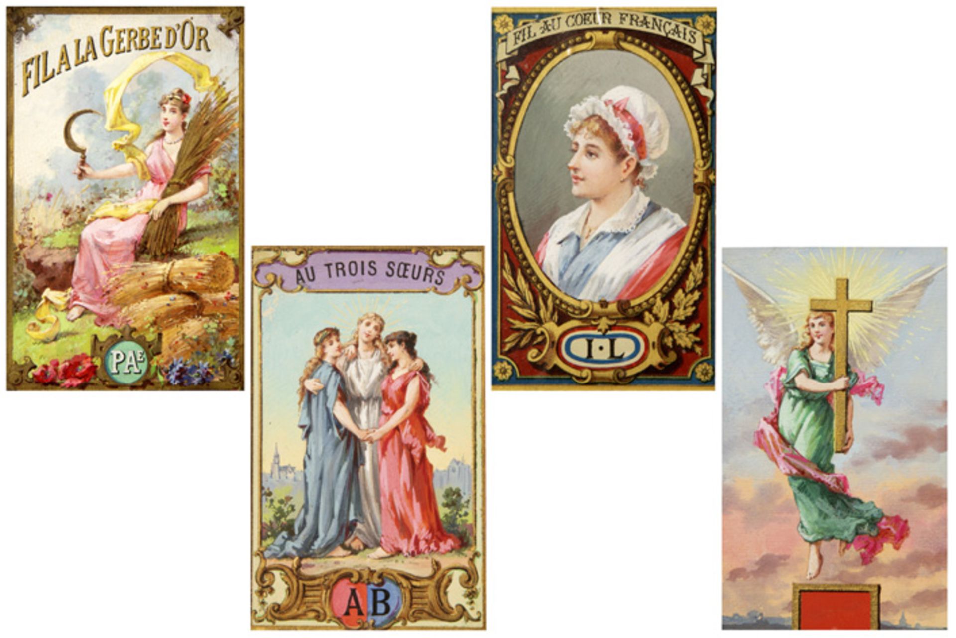 set of four 19th Cent. advert gouaches with one or more ladies || Reeks van vier negentiende